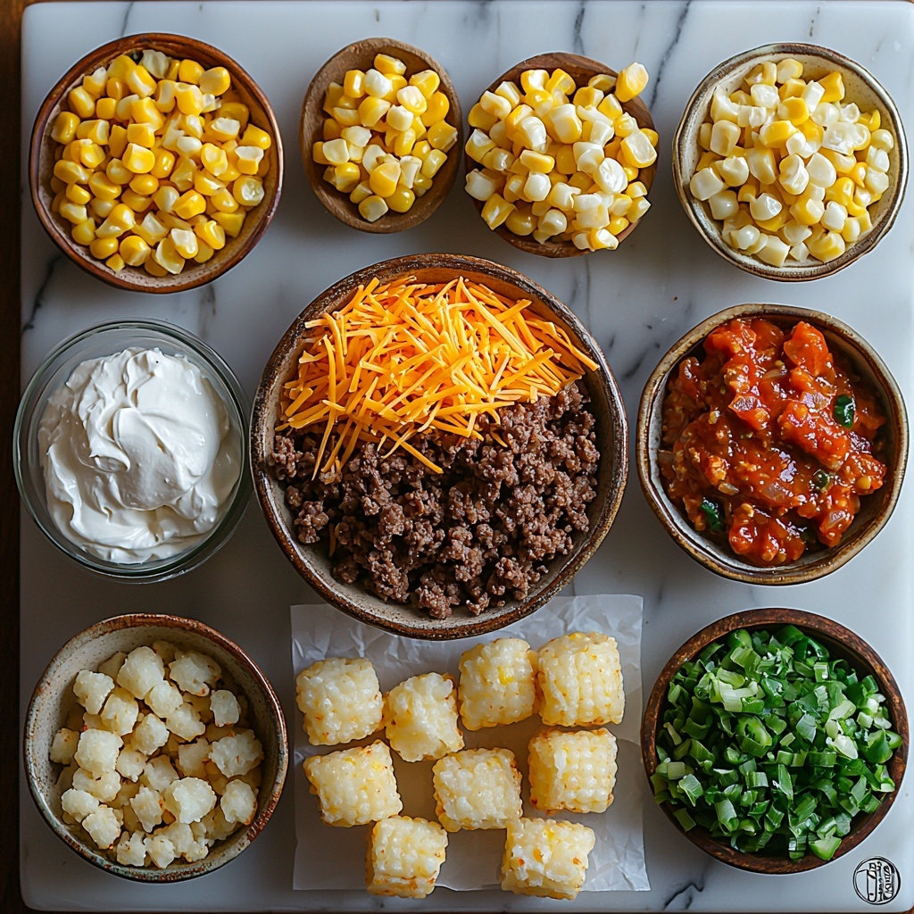 A clean white marble surface neatly arranged with all the main ingredients for a hearty Cowboy Casserole: a rustic bowl filled with rich, browned ground beef mixed with diced translucent onions, a small heap of coarse salt, a tiny wooden spoon with cracked black pepper, and a scattering of fine garlic powder in a ceramic dish. Nearby, a bright yellow drained corn kernels in a clear glass bowl, a can of vibrant red Rotel tomatoes with green chiles shown with the can slightly open, a vintage bowl of creamy mushroom soup with a smooth, velvety texture, and a dollop of silky white sour cream on a small plate. Next to them, a generous mound of shredded sharp cheddar cheese, bright orange and finely textured, divided into two piles. A neat row of golden, crisp frozen tater tots arranged closely on a rectangular parchment paper. Fresh green onions sliced thin, their bright green rings elegantly scattered around. A small dish of crunchy, reddish-brown bacon bits adds texture contrast. The lighting is soft, natural daylight highlighting the vivid colors and textures, with subtle shadows for depth. Everything spaced with balance and precision, creating an inviting, rustic yet polished culinary scene. Overhead shot, top down view, flat lay photography, professional food styling --ar 1:1 --q 2 --s 750 --v 6.1