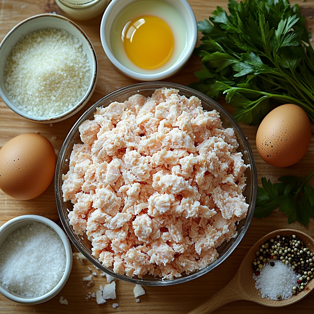 ground chicken in a small clear glass bowl showing its soft, pale pink texture; next to it, a white ceramic cup filled with fine, golden breadcrumbs; a small bowl of finely grated Parmesan cheese, off-white and fluffy; fresh bright green chopped parsley arranged neatly on a white plate; a small glass measuring cup with creamy white milk; a single raw egg with smooth brown shell placed near a wooden spoon; two garlic cloves, peeled and minced, visible in a small white ramekin; small white dishes containing onion powder with a pale beige color, fine salt crystals, and coarse black peppercorns; all items arranged symmetrically on a clean, light-colored wooden surface with soft natural light highlighting the delicate textures and fresh colors, subtle shadows for depth, minimalistic and bright styling with a touch of rustic charm, a clean knife and loaf pan subtly placed in the background for context, overhead shot, top down view, flat lay photography, professional food styling --ar 1:1 --q 2 --s 750 --v 6.1