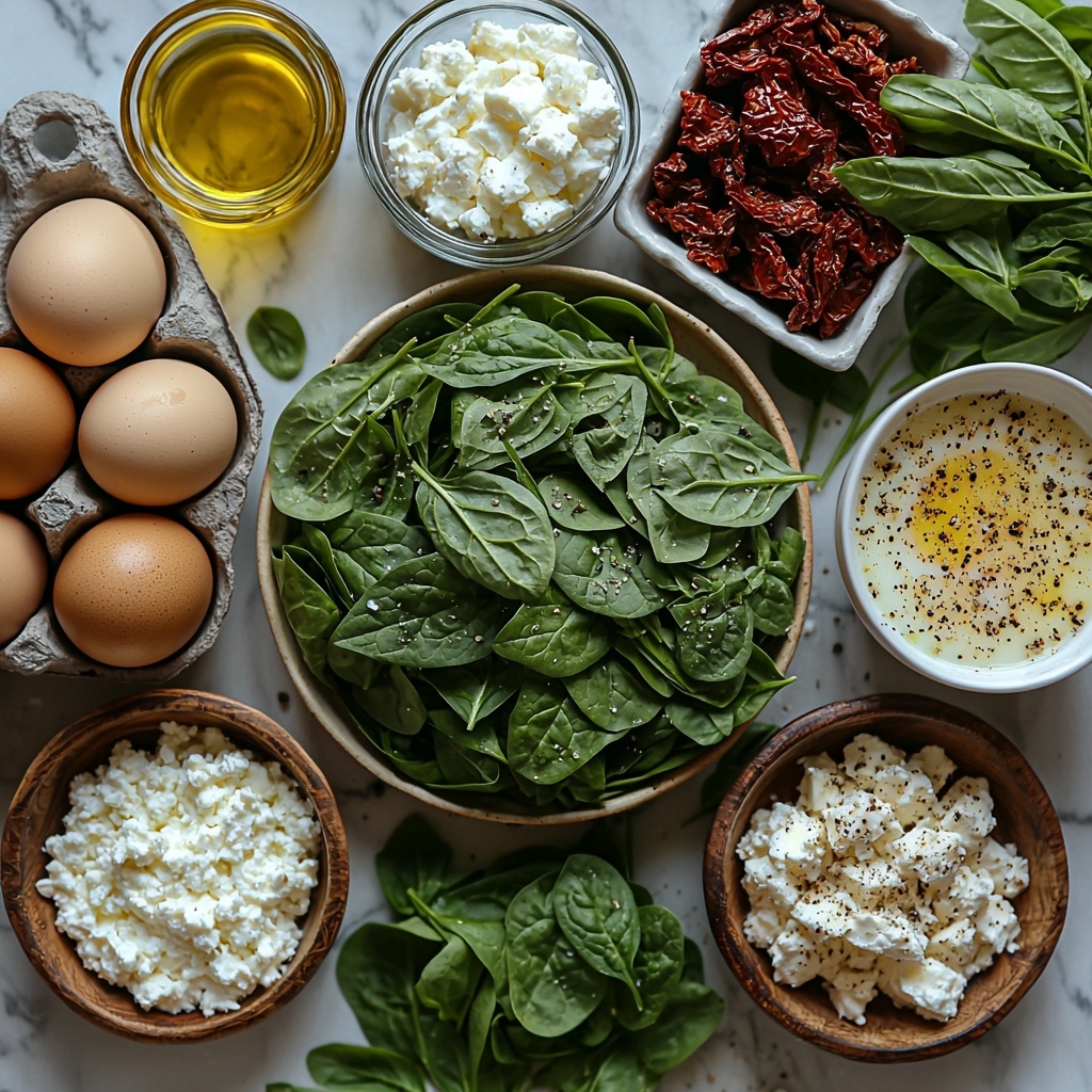 2- fresh spinach leaves piled loosely with vibrant deep green color and delicate veining, a small glass bowl of golden olive oil catching light, a shallot sliced in half revealing purple layers alongside minced shallot scattered neatly, two garlic cloves whole and minced pieces arranged nearby, a white bowl filled with chopped pale green artichoke hearts, a rustic ceramic dish of glossy, deep red sun-dried tomatoes glistening slightly, a carton of large brown and white eggs with one cracked open showing bright yellow yolk, a glass bowl of creamy white cottage cheese with soft curds visible, a small pitcher of smooth, pale cream-colored milk, a small dish of crumbly white feta cheese with rough texture, salt and freshly ground black pepper spilled artistically on the surface, fresh leafy sprigs of parsley, basil, and chives adding bright green accents, all ingredients spaced evenly on a clean white marble countertop with subtle natural light casting soft shadows, styled with minimal rustic props including wooden spoons and linen napkin, overhead shot, top down view, flat lay photography, professional food styling --ar 1:1 --q 2 --s 750 --v 6.1