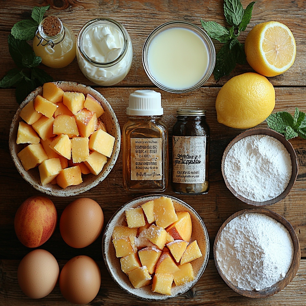 3- A clean, bright surface arranged with fresh ingredients for Peach Pound Twinkies: a small bowl of diced fresh peaches with vibrant orange and yellow hues, a ramekin of granulated sugar sparkling under soft light, a smooth pat of softened unsalted butter on a ceramic dish, two large brown eggs with a glossy shell, a small glass bottle of vanilla extract showing deep amber liquid, a neat pile of all-purpose flour with fine, powdery texture, a measuring spoon with fine white baking powder, a pinch of salt crystals in a tiny bowl, a cup of whole milk with creamy white color in a clear glass, a small bowl holding translucent cornstarch powder, a halved lemon with bright yellow rind and juicy interior, a bowl of fluffy powdered sugar with a dusting effect, and a small vintage bowl with heavy cream showing silky, glossy surface. The ingredients are spaced evenly with subtle natural shadows, styled with rustic linen napkin folds and a few sprigs of fresh green mint leaves for a pop of color, soft diffused natural light highlighting textures, slight grain on wooden tabletop beneath a white marble slab to add warmth and contrast. Overhead shot, top down view, flat lay photography, professional food styling --ar 1:1 --q 2 --s 750 --v 6.1