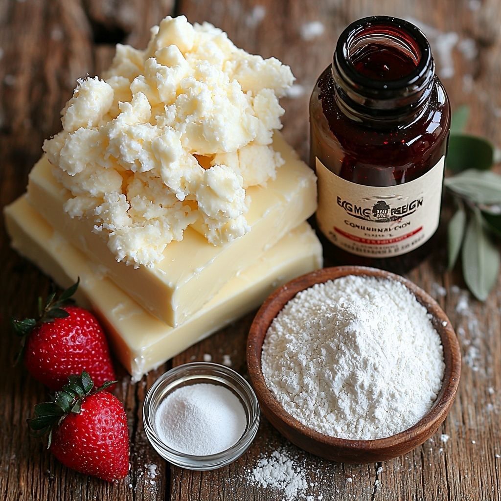 4- Softened unsalted butter sticks, creamy full-fat cream cheese block, small glass bowl with glossy red strawberry jam, delicate glass bottle of vanilla extract with amber liquid, small dish of white fine salt, neat heap of white all-purpose flour with some flour dusted around, fine white powdered sugar scattered lightly on the surface, droplet of water in a tiny clear bowl, all ingredients carefully spread out on a clean, light natural wood surface with soft natural lighting highlighting the smooth and creamy textures of the butter and cream cheese, the vibrant red jam’s shiny surface, and the powdery flour and sugar contrasting with the wood grain, balanced composition with rustic kitchen props subtly in the background — overhead shot, top down view, flat lay photography, professional food styling --ar 1:1 --q 2 --s 750 --v 6.1