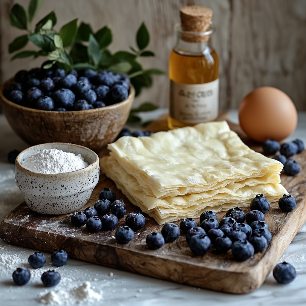 5-puff pastry sheet neatly folded on a wooden cutting board, softened cream cheese in a small white ceramic bowl with a smooth creamy texture, a glass bowl with powdered sugar fine and white, a small glass container of vanilla extract amber color, fresh plump blueberries scattered artfully with deep blue and purple hues, a cracked egg half in a rustic bowl showing bright yellow yolk, a small white ramekin filled with granulated sugar sparkling in natural light; all arranged on a clean white marble surface with subtle natural shadows, hints of flour dusted lightly around the puff pastry, gentle natural daylight illuminating the textures and colors, styled for an inviting and fresh bakery feel, overhead shot, top down view, flat lay photography, professional food styling --ar 1:1 --q 2 --s 750 --v 6.1