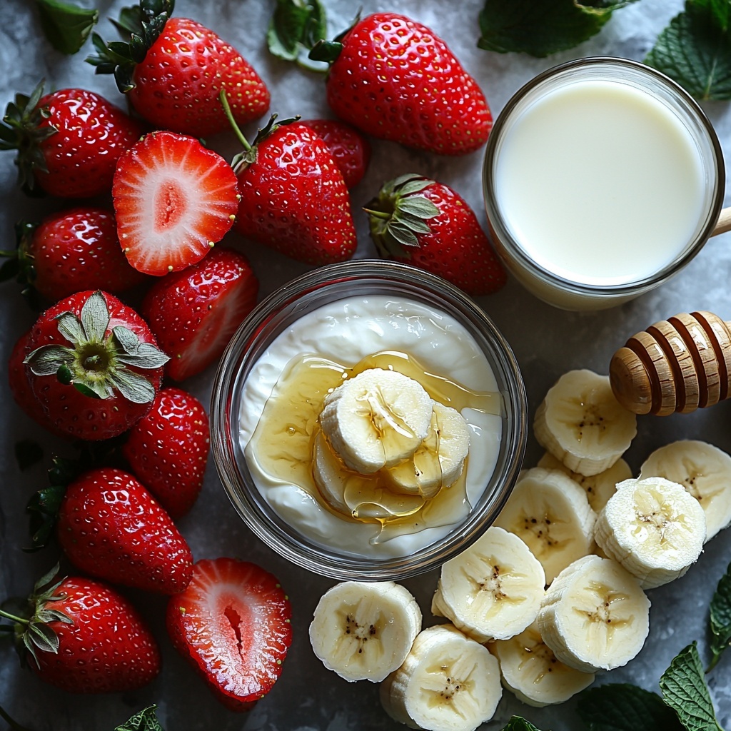 7- fresh strawberries sliced in half showing vibrant red color and juicy texture, ripe banana with smooth yellow peel, small bowl of creamy white plain Greek yogurt, scoop of vanilla protein powder with fine light beige texture, glass of milk (dairy or plant-based) with a slight sheen, small drizzle of golden honey in a tiny dish or wooden spoon, all ingredients carefully arranged on a clean white marble surface for contrast, natural soft daylight highlighting fresh colors and textures, minimal shadows, subtle green strawberry leaves placed decoratively for a pop of color, balanced composition with space between elements to emphasize each ingredient, overhead shot, top down view, flat lay photography, professional food styling --ar 1:1 --q 2 --s 750 --v 6.1