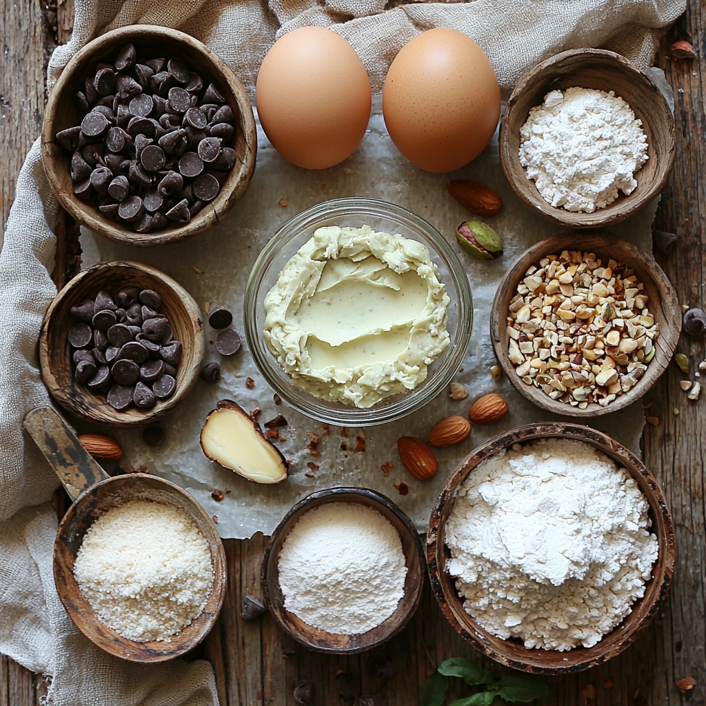 8- A clean, light wooden surface featuring an artfully arranged flat lay of the main ingredients for Pistachio Cream Stuffed Chocolate Chip Cookies: a small glass bowl with smooth, pale green homemade pistachio cream; a slab of soft, pale yellow unsalted butter on parchment paper; two warm brown eggs with a matte shell; a rustic small bowl of light brown sugar with coarse, sandy texture; a smaller bowl of fine white granulated sugar; a vintage spoon resting on a mound of ivory all-purpose flour dusted lightly with flour; a tiny heap of baking powder and baking soda powders; speckled fine sea salt crystals in a mini dish; a small heap of glossy semi-sweet chocolate chips; a mound of roughly chopped toasted pistachios showing deep green and brown hues; scattered extra chopped pistachios adding natural texture; and a tiny bowl of flaky sea salt flakes for sprinkling. The ingredients are spaced with natural shadows, evoking a warm, inviting baking setup. Soft natural light enhances textures and subtle colors, with a neutral-toned linen napkin partially visible on one side for cozy styling. Overhead shot, top down view, flat lay photography, professional food styling --ar 1:1 --q 2 --s 750 --v 6.1