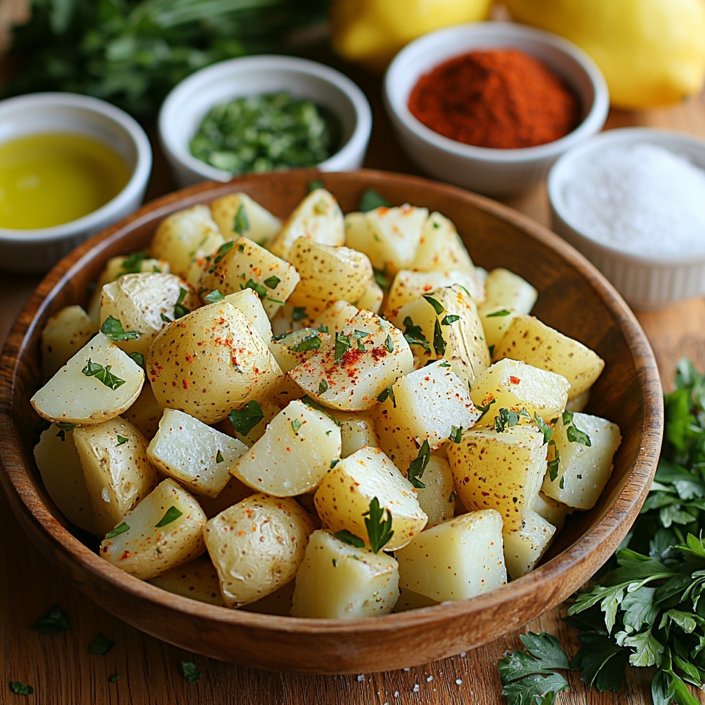 9- 3 pounds of large Russet and Yukon Gold potatoes, whole and halved to show creamy and firm textures, surrounded by diced bright green bell pepper and finely chopped vibrant green onions, scattered piles of fresh parsley leaves and mint sprigs adding leafy texture; small glass bowls with golden olive oil and a bright yellow freshly squeezed lemon juice; neatly arranged white ceramic spoons holding deep red Aleppo pepper flakes, dark red sumac powder, and coarse white sea salt crystals; all ingredients artfully placed on a clean, light natural wood surface that enhances the colors and freshness, soft natural diffused lighting highlighting the varied textures and colors, creating an inviting and balanced composition with negative space around each element, overhead shot, top down view, flat lay photography, professional food styling --ar 1:1 --q 2 --s 750 --v 6.1