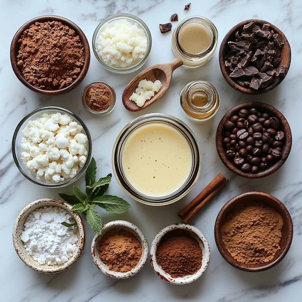 11- half & half in a small glass pitcher, heavy cream in a vintage cream-colored ceramic bowl, granulated sugar in a clear glass jar with a wooden spoon, pure vanilla extract in a small dark glass bottle with a cork stopper, almond extract in a tiny amber bottle, hazelnut extract in a delicate clear bottle, unsweetened cocoa powder in a rustic wooden bowl with a small scoop, peppermint extract in a small green tinted bottle, caramel extract in a golden-hued bottle, creamy peanut butter in a white porcelain dish showing smooth texture, espresso powder in a tiny ceramic bowl, canned pumpkin puree in a bright orange bowl with silky surface, pumpkin pie spice and ground cinnamon in small glass ramekins showing fine powders, butter extract in a small bottle, maple extract in a clear bottle with amber liquid—all ingredients arranged neatly on a clean white marble surface with soft natural light highlighting rich browns, creamy whites, warm orange and amber hues, slight shadows for dimension, small sprigs of fresh cinnamon sticks and vanilla beans scattered for texture accents, minimalist and clean styling, overhead shot, top down view, flat lay photography, professional food styling --ar 1:1 --q 2 --s 750 --v 6.1
