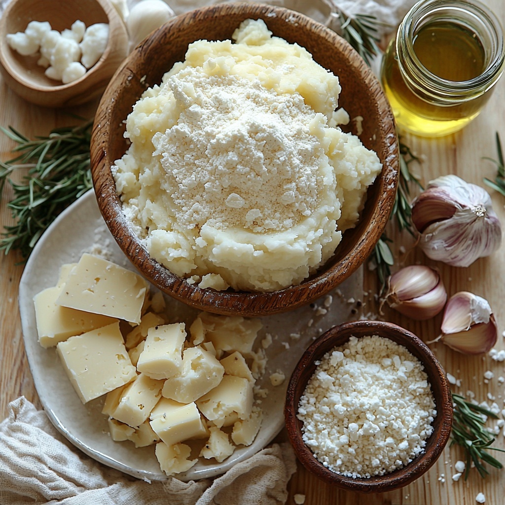 12- all-purpose flour in a small wooden bowl with some spilled flour dust around it, a mound of smooth, creamy mashed potatoes on a white ceramic plate, a small rustic bowl of golden active dry yeast granules next to a glass of warm milk, a vintage salt cellar with coarse sea salt crystals glistening, peeled and minced fresh garlic cloves scattered with a small wooden spoon holding garlic powder, chunks of crumbly white cheese alongside a wedge of semi-soft cheese on a textured linen napkin, a small dish of cooked, browned ground beef with visible herbs, a small glass bottle of light olive oil with a delicate drizzle spilled nearby, all ingredients arranged neatly on a pristine light wood surface with natural soft daylight casting gentle shadows, styled with casual rustic kitchen elements like linen cloths and wooden utensils, vibrant colors and contrasting textures emphasizing freshness and artisanal quality, overhead shot, top down view, flat lay photography, professional food styling --ar 1:1 --q 2 --s 750 --v 6.1