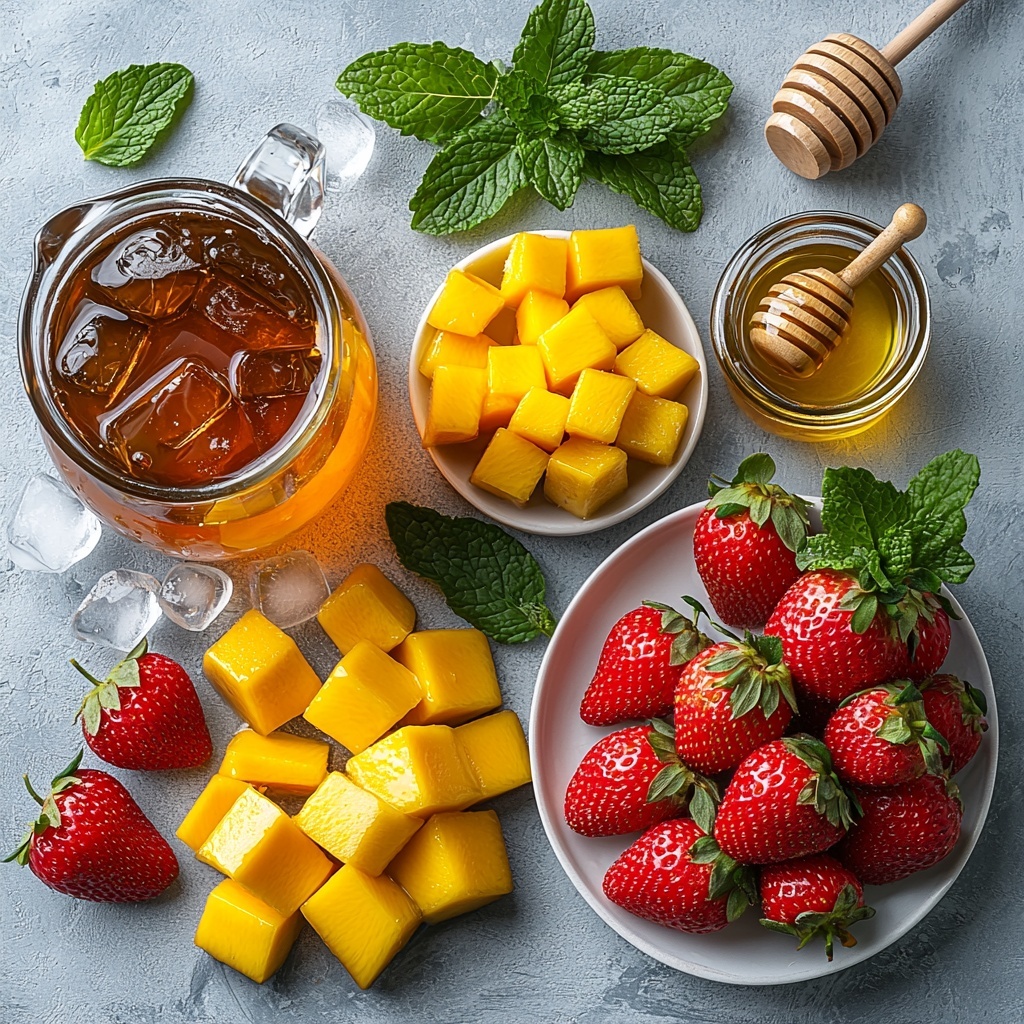 1- flat lay photography of fresh ingredients for mango strawberry iced tea arranged neatly on a clean white surface: a rustic glass pitcher filled with brewed black tea beside a small clear bowl of diced ripe yellow mango cubes, an artfully fanned arrangement of bright red sliced strawberries on a white ceramic plate, a small jar of golden honey with a wooden honey dipper resting nearby, a stack of clear ice cubes glistening under soft natural light, and a handful of vibrant green mint leaves scattered elegantly for garnish. The composition highlights vivid colors—deep amber tea, sunny mango, ruby strawberries, glossy honey—and varied textures from smooth fruit puree to crystalline ice. Minimal shadows, bright and airy mood, crisp focus on details, arranged with balanced spacing to create inviting summer refreshment vibes. overhead shot, top down view, flat lay photography, professional food styling --ar 1:1 --q 2 --s 750 --v 6.1