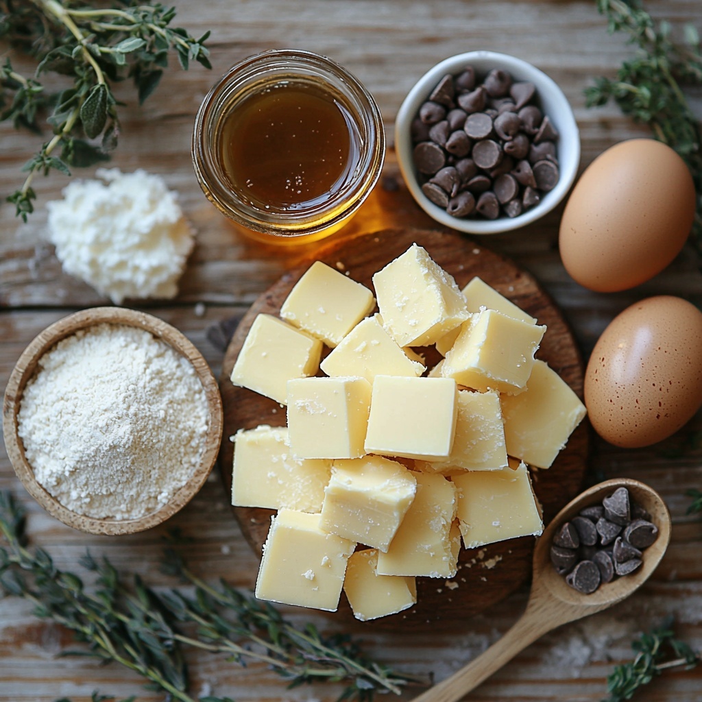 2- 2 sticks of salted butter, creamy pale yellow, softened and cut into neat cubes; 1/3 cup rich brown sugar with a moist, slightly clumpy texture in a small glass bowl; 1/2 cup golden amber honey in a clear jar catching the light; 2/3 cup smooth, creamy tahini in a shallow white ceramic dish; 2 fresh brown eggs with a slight gloss; a small glass bottle of vanilla extract with a dark amber liquid inside; 2 1/2 cups of white all-purpose flour loosely piled with a dusting of flour around; 2 teaspoons baking soda in a tiny white ramekin; 1/2 teaspoon fine salt in a silver spoon; 2 cups of glossy semi-sweet dark chocolate chips scattered artfully in a wooden bowl and some loose chips around for texture. All ingredients arranged neatly on a clean, neutral-toned rustic wooden surface with soft natural lighting to highlight colors and textures. Subtle shadows add depth without distraction. Minimalist styling with a few sprigs of fresh green herbs lightly placed nearby for color contrast. Overhead shot, top down view, flat lay photography, professional food styling --ar 1:1 --q 2 --s 750 --v 6.1