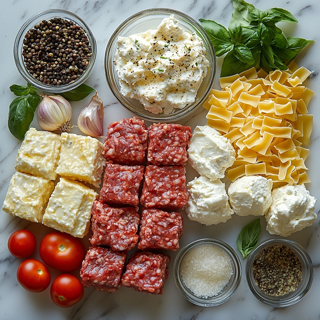 3- A clean white marble surface with all ingredients for cheesy lasagna soup arranged neatly and harmoniously: a small mound of raw ground beef or Italian sausage with a rich reddish-brown hue and coarse texture; a medium yellow onion cut in half showing layered inside texture; two peeled garlic cloves with smooth white skin; an open can of bright red crushed tomatoes with visible seeds and pulp; a clear glass bowl filled with golden chicken broth reflecting light; broken pieces of uncooked wide, pale yellow lasagna noodles scattered artfully; small piles of Italian seasoning herb mix with green and brown flecks; coarse white sea salt crystals and a small heap of cracked black peppercorns; an open tub of creamy white ricotta cheese showing soft, fluffy texture; a small bowl of shredded mozzarella cheese with fluffy white strands; a little dish of grated Parmesan cheese with a fine, grainy texture; fresh green basil leaves and curly parsley sprigs adding pops of vibrant color placed delicately around. The scene is styled with natural soft daylight coming from the side, casting gentle shadows, emphasizing the freshness and variety of textures, minimal shadows on a crisp, uncluttered background. Overhead shot, top down view, flat lay photography, professional food styling --ar 1:1 --q 2 --s 750 --v 6.1