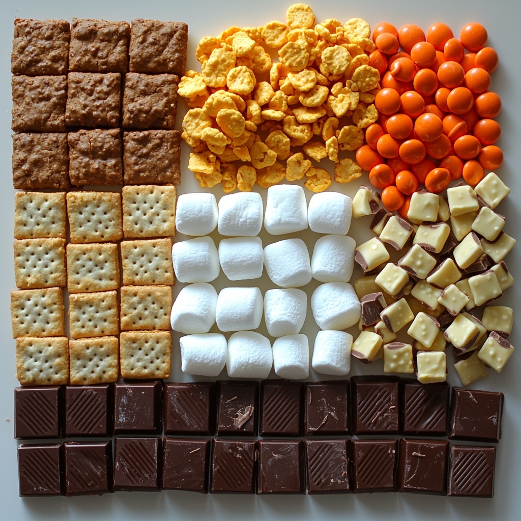 4- 24 graham cracker squares broken into small squares, golden and slightly rough texture; 24 unbaked Reese’s Ready To Bake Peanut Butter Cookies, round, pale tan with slightly cracked surfaces; 2 cups fluffy white mini marshmallows piled loosely; 24 milk chocolate Hershey Bar pieces, smooth and glossy with sharp edges; 1 cup colorful Reese’s Pieces candy, vibrant orange, yellow, and brown scattered artfully; 1/4 cup tiny dark mini chocolate chips adding contrast; all ingredients neatly arranged in separate groups on a clean white surface, natural light highlighting textures and colors, soft shadows adding depth, minimalistic styling with slight overlapping to create visual interest, colorful and inviting composition, overhead shot, top down view, flat lay photography, professional food styling --ar 1:1 --q 2 --s 750 --v 6.1