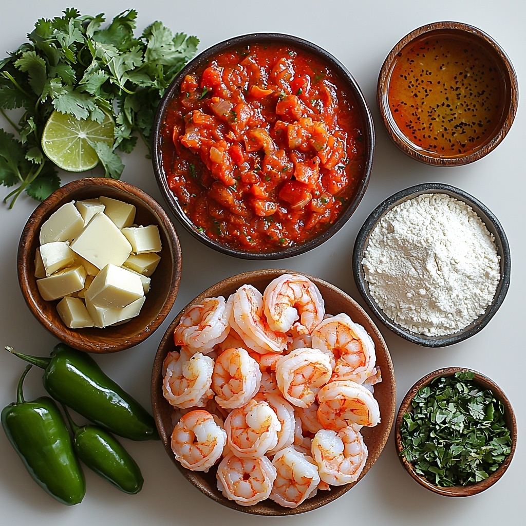 5- Imagine prompt: A clean, bright white surface featuring a neatly arranged flat lay of ingredients for spicy shrimp soup. Centerpiece is a small mound of raw jumbo shrimp, pink and glossy, peeled and deveined. Nearby, a rustic bowl of vibrant red tomato sauce with a smooth, slightly thick texture. Fresh limes: one halved, showing juicy pale green flesh, the other cut into wedges with bright, fresh green rinds. Two jalapeños—one sliced lengthwise with seeds and ribs removed, revealing glossy green flesh, the other cut into thin green rings scattered nearby. A small pile of finely chopped light purple shallots sits next to several peeled garlic cloves and a few pressed garlic pieces, creamy white with natural texture. A pat of pale yellow butter rests on a small dish. Three dried bay leaves with muted olive tones lie carefully arranged nearby, accompanied by small piles of dried oregano, dried thyme, white pepper, and salt, each adding earthy beige and off-white specks. A heap of golden gluten-free flour adds a soft powdery texture. A vintage measuring cup holds rich amber chicken stock, and beside it a darker bowl contains deeper golden seafood stock, both with a glossy surface catching light. Fresh cilantro leaves add a sprinkle of bright green, finely chopped, ready to garnish. Everything is spaced with deliberate care, balanced visually with pops of fresh green, soft creams, muted earth tones, and vibrant reds to create contrast. The lighting is natural and diffuse, highlighting the textures and freshness with soft shadows. Overhead shot, top down view, flat lay photography, professional food styling --ar 1:1 --q 2 --s 750 --v 6.1
