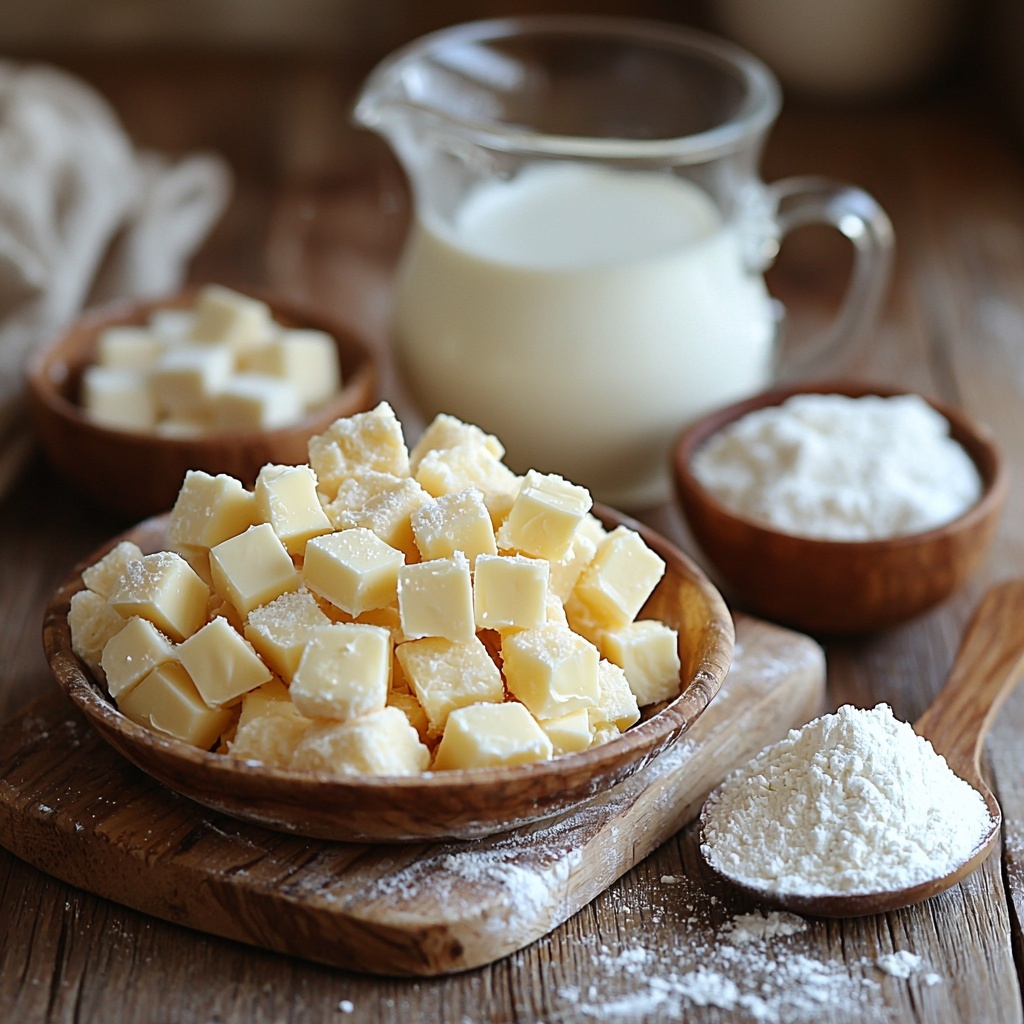 6- 2 ¼ tsp active dry yeast in a small rustic bowl, 1 ½ cup warm water in a clear glass measuring cup showing the subtle steam, 2 tbsp brown sugar loosely piled with its rich amber granules sparkling, ¾ tsp fine salt in a small vintage spoon, 1 tbsp melted butter shimmering in a small white ramekin, 4 cups all-purpose flour in a neat mound with a small dusting scattered around, ½ cup reserved flour in a smaller bowl, 10 cups water in a large glass pitcher with condensation, ½ cup coarse baking soda in a shallow ceramic dish, ½ cup granulated sugar glistening under soft light, 3 tbsp butter cut into cubes on a wooden board showing creamy texture, ⅓ cup heavy cream in a clear glass bowl reflecting soft highlights, and ½ tsp salt sprinkled lightly on a delicate plate; arranged thoughtfully on a smooth light wood surface with natural light casting gentle shadows, subtle flour dusting around elements for texture, warm tones with soft neutral background, minimalistic and clean composition emphasizing ingredient colors and textures, overhead shot, top down view, flat lay photography, professional food styling --ar 1:1 --q 2 --s 750 --v 6.1