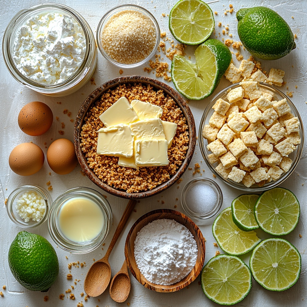 7- Imagine a vibrant flat lay of ingredients for a key lime pie arranged neatly on a clean white surface. In the center, a small rustic bowl overflowing with golden graham cracker crumbs, surrounded by a scattering of whole graham cracker sheets and a small wooden spoon resting beside them. Nearby, a glass measuring cup filled with melted butter gleaming softly, catching the light, next to a small heap of fine granulated sugar and a tiny pinch bowl of fine salt. A shiny can of sweetened condensed milk with its label visible lies to one side, complemented by four bright egg yolks in a clear glass bowl showcasing their rich, luminous yellow color. A small glass pitcher contains fresh, pale green key lime juice, while a wooden zester rests beside a bowl of vibrant, finely grated key lime zest. A chilled bowl of fluffy, white heavy cream with soft peaks sits next to a delicate dish of powdery powdered sugar, and a small vial of vanilla extract with a warm amber hue. Garnishing the scene, thinly sliced bright lime wheels and extra zest are artistically spread around. The overall composition balances warm golden tones with fresh green accents, creating a fresh yet cozy mood. Textures vary from crumbly and smooth to creamy and glossy, styled with minimalistic natural props such as linen napkins and wooden utensils to enhance a clean, inviting kitchen atmosphere. Soft natural lighting casts gentle shadows, emphasizing depth and freshness. overhead shot, top down view, flat lay photography, professional food styling --ar 1:1 --q 2 --s 750 --v 6.1