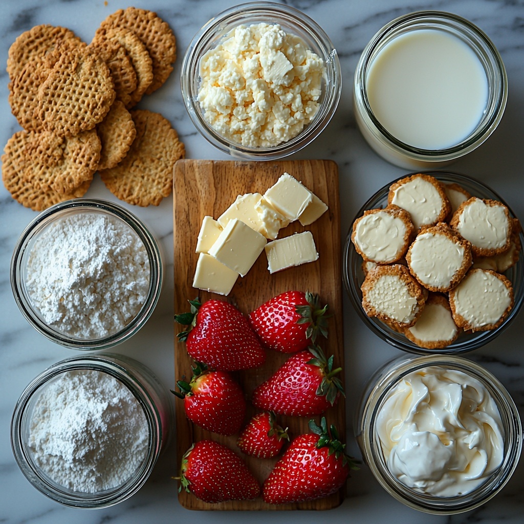 8- A clean white marble surface arranged with all main ingredients for Strawberry Swirled Cheesecake Ice Cream: a small clear bowl filled with bright red chopped strawberries glistening with moisture; a delicate heap of fine white sugar and a separate small mound of pale corn starch; four golden-brown graham cracker cookies stacked neatly; a small dish with creamy melted butter showing glossy texture; a smooth block of soft cream cheese on a rustic wooden board; a glass jar with white granulated sugar; a chilled glass bowl of thick, rich heavy cream with soft peaks; and a crystal-clear measuring cup filled with whole milk. The ingredients are spaced evenly with natural daylight casting soft shadows, highlighting the contrasting textures—from crumbly crackers to smooth cream cheese and luscious berries. A few loose strawberry pieces and scattered crumbs add organic interest, while minimalistic styling and a slight vignette bring focus to the vibrant colors and creamy tones. Overhead shot, top down view, flat lay photography, professional food styling --ar 1:1 --q 2 --s 750 --v 6.1