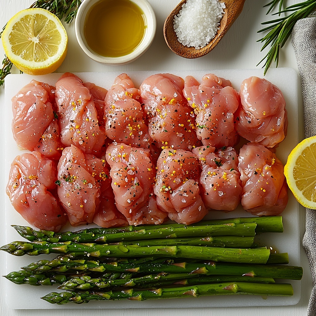 A clean white surface with fresh raw chicken tenders arranged neatly in one section, showcasing their pale pink texture; a vibrant bunch of bright green asparagus spears laid out parallel beside the chicken; two fresh lemons sliced into thin, translucent rounds scattered artfully around the chicken and asparagus, their bright yellow color adding contrast; small piles of coarse kosher salt crystals and a small bowl of golden olive oil nearby; a rustic wooden spoon with a sprinkling of lemon pepper seasoning visible, its speckled texture adding visual interest; thin, delicate shavings of creamy white Parmesan cheese elegantly fanned out on a small white ceramic dish; soft natural light illuminating the scene to highlight the freshness and vivid colors, with gentle shadows for depth; minimalistic and tidy composition emphasizing the freshness and quality of each ingredient, styled with subtle rustic props like a linen napkin in the background; overhead shot, top down view, flat lay photography, professional food styling --ar 1:1 --q 2 --s 750 --v 6.1