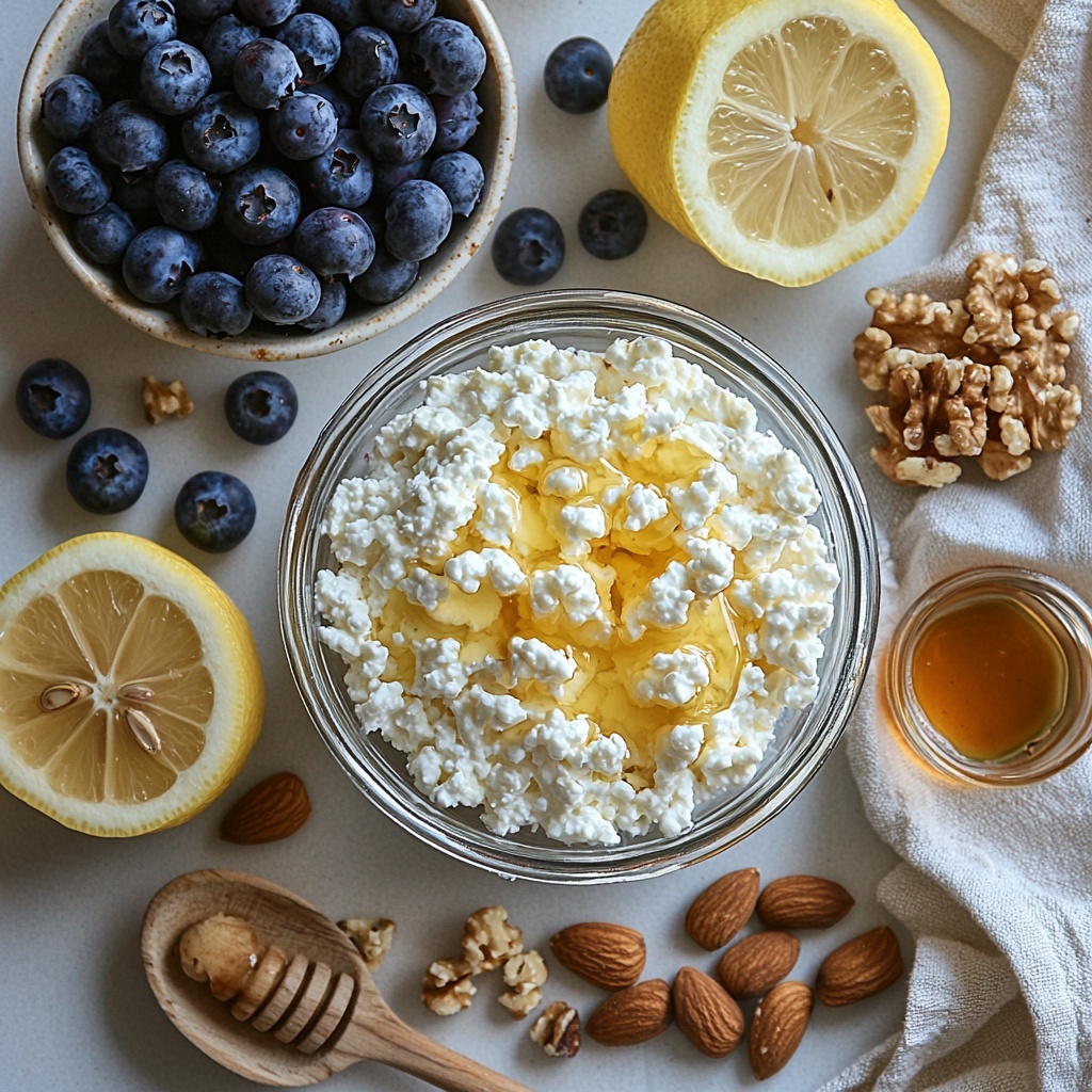 A clean white surface with the main ingredients for Blueberry Lemon Zest Cottage Cheese Bites arranged neatly: a small glass bowl filled with creamy white cottage cheese showing its soft texture; a wooden spoon holding golden honey glistening under soft light; a small clear dish with amber maple syrup as alternative; a bright yellow lemon, whole and half-cut to reveal juicy segments, with fresh lemon zest sprinkled nearby; a cluster of plump, deep blue fresh blueberries with a slight natural sheen; a small bowl of mixed chopped nuts, almonds and walnuts, showcasing rough, crunchy textures; light natural shadows cast by soft window light, minimalistic styling with subtle warm tones; a delicate linen napkin folded gently next to the ingredients, enhancing the fresh and wholesome feel. Overhead shot, top down view, flat lay photography, professional food styling --ar 1:1 --q 2 --s 750 --v 6.1