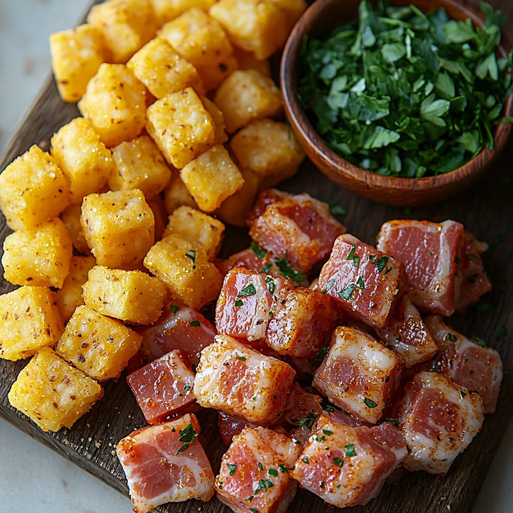 Frozen golden tater tots scattered in a small heap, next to neatly quartered raw bacon slices arranged in a fan shape, sharp cheddar cheese cut into small 1/4-inch bright orange squares lined up in a row, a small wooden bowl filled with packed dark amber brown sugar crystals, and a delicate pile of freshly chopped vibrant green parsley leaves placed on a crisp, clean white surface. The ingredients are spaced thoughtfully with natural light highlighting the contrasting textures—the crispy ridges of the tater tots, the marbled fat of the bacon, the smooth cheese cubes, the granular sparkle of the brown sugar, and the fresh leafy parsley. Subtle shadows and soft highlights create depth, styled with minimal rustic props like a small wooden spoon and natural linen to keep the focus on the ingredients themselves. overhead shot, top down view, flat lay photography, professional food styling --ar 1:1 --q 2 --s 750 --v 6.1