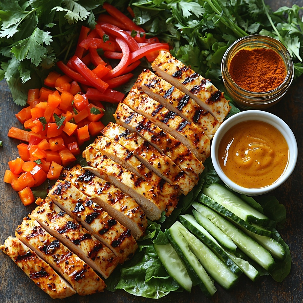 boneless skinless chicken breasts, whole and sliced pieces, raw and cooked golden grilled, creamy peanut butter in a small bowl with smooth texture, honey drizzle pool beside, olive oil in a clear glass jar, ground cumin and turmeric in small white ceramic spoons, coarse salt and black peppercorns scattered lightly, bright red bell pepper thin matchstick slices arranged in a neat pile, vibrant orange julienned carrots fanned out, fresh green julienned Persian cucumbers with visible seeds, large crisp Boston or butter lettuce leaves laid out flat, roughly chopped peanuts sprinkled artfully, fresh cilantro sprigs with bright green leaves, lime wedges with glossy pulp, small bowl of peanut sauce with glossy appearance and rich creamy texture, natural light emphasizing vibrant colors and fresh textures, clean white or light wooden surface background, minimalist styling with slight shadow for depth, ingredients spaced evenly with visual balance, overhead shot, top down view, flat lay photography, professional food styling --ar 1:1 --q 2 --s 750 --v 6.1