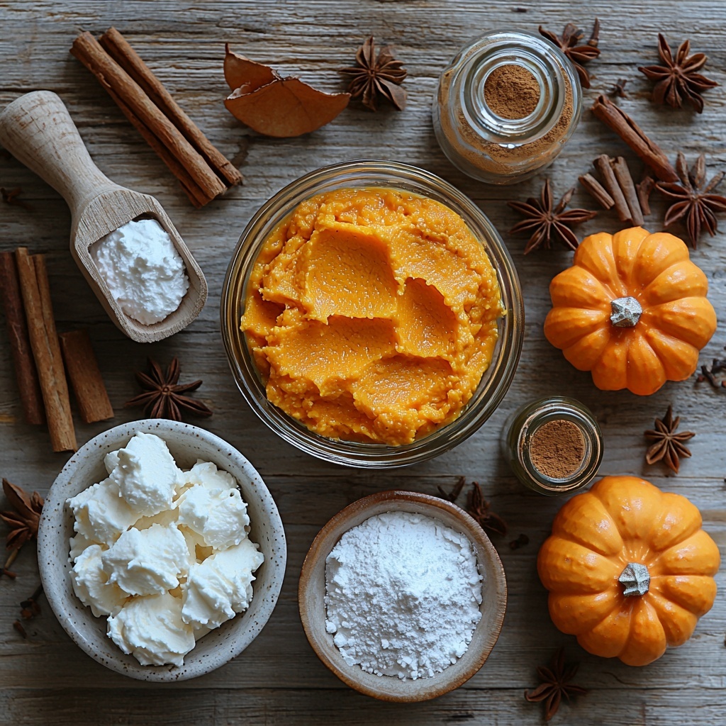 Softened cream cheese in a small glass bowl with creamy, smooth texture, vibrant orange pumpkin puree in a rustic ceramic bowl, fine white powdered sugar in a delicate porcelain dish, warm brown pumpkin pie spice in a tiny wooden scoop, a small clear bottle of golden vanilla extract, fluffy white whipped topping in a light blue bowl with airy texture, all thoughtfully arranged on a clean, light wooden surface. Surrounding the main ingredients are autumnal accents like scattered cinnamon sticks, a small cluster of miniature orange pumpkins, and warm soft natural light highlighting the contrasting textures and colors—creamy, powdery, smooth, and fluffy. The composition balances rustic charm with modern minimalism, emphasizing warm orange, creamy white, and earthy brown hues. Overhead shot, top down view, flat lay photography, professional food styling --ar 1:1 --q 2 --s 750 --v 6.1
