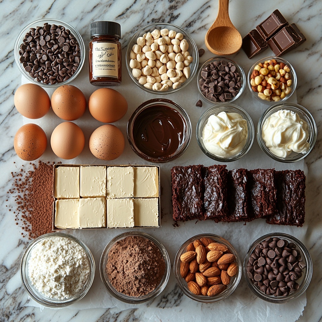 A clean white marble surface neatly arranged with key ingredients for a rich hot fudge sundae brownie: a rustic box of chocolate brownie mix partially open with cocoa powder dusted lightly around it, small glass bowls containing glossy semisweet chocolate chips and smooth hot fudge sauce with its deep dark brown sheen, a block of creamy, pale cream cheese softly lit to highlight its smooth texture, a small bowl of fine granulated sugar sparkling under the light, three large brown eggs with smooth shells placed artistically near a small white ramekin of sour cream showing a thick velvety texture, a wooden teaspoon holding fine espresso powder with a rich, dark brown tone, a glass bottle of golden vanilla extract catching the light, a small heap of all-purpose flour dusted neatly on parchment paper, a delicate swirl of fresh whipped cream off to the side in a clear glass bowl, a scattering of colorful rainbow sprinkles next to chopped mixed nuts with varied textures and warm tones of pecans, walnuts, and peanuts, and a few bright red maraschino cherries with glossy skins adding vibrant pops of color — all components carefully spaced to balance texture and color contrast, natural soft daylight from the side creating gentle shadows and highlights, minimalistic props emphasizing natural ingredients, overhead shot, top down view, flat lay photography, professional food styling --ar 1:1 --q 2 --s 750 --v 6.1