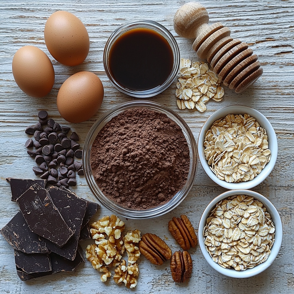 ½ cup unsweetened cocoa powder in a small glass bowl with rich dark brown powder texture, ½ cup chocolate or vanilla protein powder next to it with fine, pale beige and light brown powder creating contrast, ¼ cup rolled oats scattered loosely showing natural off-white and light tan flakes, ¼ tsp baking soda and ¼ tsp salt each in tiny white porcelain spoons, a small bowl of creamy plain Greek yogurt with thick smooth texture and bright white color, ¼ cup golden honey or amber maple syrup in a small clear jar reflecting warm light, ¼ cup unsweetened applesauce in a white ceramic bowl displaying soft, glossy pale yellow texture, two fresh brown eggs with smooth shells resting beside a small glass bottle of vanilla extract dark amber liquid inside, 2 tbsp melted coconut oil with a faint glossy sheen in a small glass container, optional ¼ cup mini dark chocolate chips scattered in a small white bowl with shiny, deep brown surfaces, 2 tbsp chopped walnuts or pecans arranged neatly in a wooden dish showing their rough, textured golden-brown edges, pinch of instant espresso powder in a tiny bowl with fine dark brown granules; all ingredients carefully spaced on a clean, matte white surface with natural soft daylight, subtle shadows add depth, minimalistic style with warm cozy vibe, slight rustic accents like a wooden spoon or linen napkin subtly included, clean and bright color palette emphasizing natural ingredient textures and freshness, overhead shot, top down view, flat lay photography, professional food styling --ar 1:1 --q 2 --s 750 --v 6.1