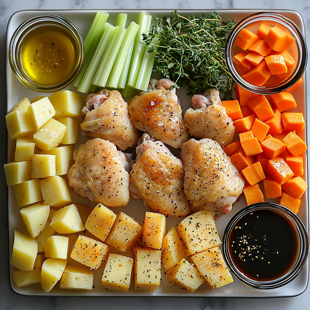 bone-in, skin-on chicken thighs with golden crispy skin, medium yukon gold potatoes cut into rough 1-inch chunks with pale yellow flesh and textured skin, medium sweet potato chunks showing vibrant orange interior and thin skin, bright orange chopped carrots sliced diagonally, vibrant green celery stalks cut diagonally with crisp texture, thinly sliced shallot strips with light purple and white hues, whole large garlic cloves peeled and minced, small glass bowl of rich amber honey, small dish of dark soy sauce, small bowl of golden olive oil, scattered coarse salt and cracked black pepper, sprigs of fresh thyme and parsley for garnish, all ingredients artfully arranged on a clean white marble surface with natural soft lighting creating gentle shadows, emphasis on vibrant contrasting colors and rustic textures, slight sheen on chicken skin and olive oil droplets, careful spacing and layering for visual balance and harmony, overhead shot, top down view, flat lay photography, professional food styling --ar 1:1 --q 2 --s 750 --v 6.1