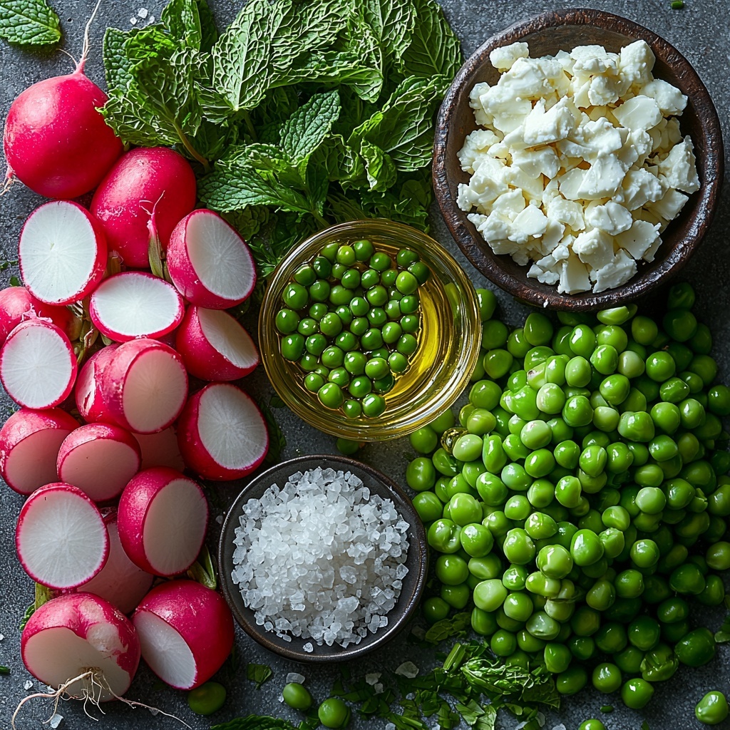 fresh bright green peas, both shelled and in small clusters, scattered neatly beside a small pile of thinly sliced vibrant red and white radishes, a small bowl of finely minced pale yellow onion, fresh deep green chopped mint leaves and slender emerald green chives arranged in neat piles, a small drizzle of golden olive oil in a tiny glass container, a pinch of coarse Kosher salt crystals sprinkled artfully on the surface, a small heap of crumbled white feta cheese with hints of creamy texture, a few whole radishes with leafy tops placed to one side for color contrast, all ingredients laid out on a clean, matte white surface that enhances the crisp colors and fresh textures, soft natural lighting highlighting the vivid greens and reds, shadows kept minimal and delicate, subtle rustic props like a wooden spoon or linen napkin at the edges to add warmth without cluttering the composition, overhead shot, top down view, flat lay photography, professional food styling --ar 1:1 --q 2 --s 750 --v 6.1