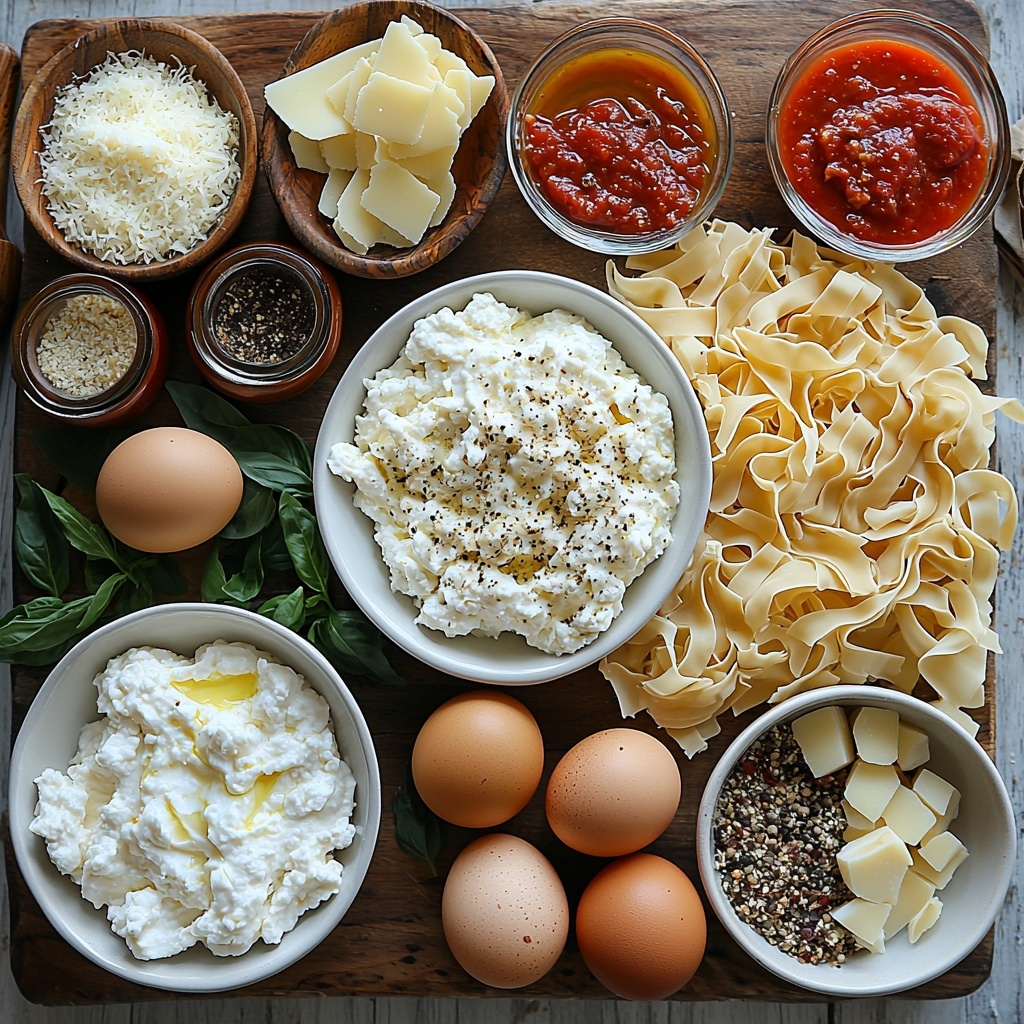 15 oz ricotta cheese in a small white bowl, 1 large brown egg cracked and whole, shredded mozzarella cheese in a rustic ceramic bowl, fresh grated Parmesan cheese piled in a small wooden bowl, small ramekins with Italian seasoning, salt, and black pepper, a small glass bowl with golden olive oil, finely diced yellow onion spread neatly on a white plate, raw ground beef and ground Italian sausage portions displayed side by side on a wooden board showing rich red and marbled textures, minced garlic cloves on a tiny ceramic dish, a clear glass cup with light golden chicken broth, a large bowl of vibrant red marinara sauce, a spoonful of thick tomato paste on a rustic wooden spoon, small bowls containing bright red hot sauce and dark Worcestershire sauce, uncooked flat lasagna noodles fanned out on parchment paper showing off their pale beige color and ridged texture, extra shredded mozzarella cheese sprinkled artistically nearby. All arranged symmetrically on a clean white textured surface, natural soft daylight highlighting vivid colors, sharp focus on textures with slight shadows for depth, overhead shot, top down view, flat lay photography, professional food styling --ar 1:1 --q 2 --s 750 --v 6.1