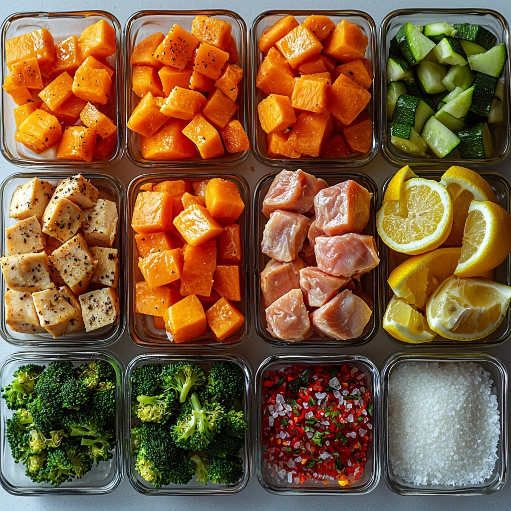 A vibrant flat lay of fresh ingredients for sheet pan chicken and rainbow vegetables arranged neatly on a clean white surface. At the center, cubed bright orange sweet potato pieces, showcasing their rough, starchy texture. Surrounding them, plump, bite-sized pieces of raw boneless, skinless chicken breast with a pale pink hue and smooth texture. Nearby, small green broccoli florets with a natural tree-like shape and bumpy surface. Scattered red bell pepper chunks, glossy and crisp with a deep scarlet color. Slices of zucchini and yellow squash halved lengthwise and cut into half moons, displaying smooth, pale green and sunny yellow skins and soft, moist interiors. Fresh lemon halves with vibrant yellow zest and juicy pulp, positioned with a few zest curls for added texture. Small piles of coarse kosher salt crystals and speckled ground black peppercorns arranged artistically for contrast. A small dish with extra-virgin olive oil shining golden and reflective. A sprinkle of finely grated white Parmesan cheese adding a delicate, snowy texture. The ingredients are spaced evenly, highlighting their contrasting colors and textures with soft natural lighting, gentle shadows, and a minimalist rustic vibe. Overhead shot, top down view, flat lay photography, professional food styling --ar 1:1 --q 2 --s 750 --v 6.1