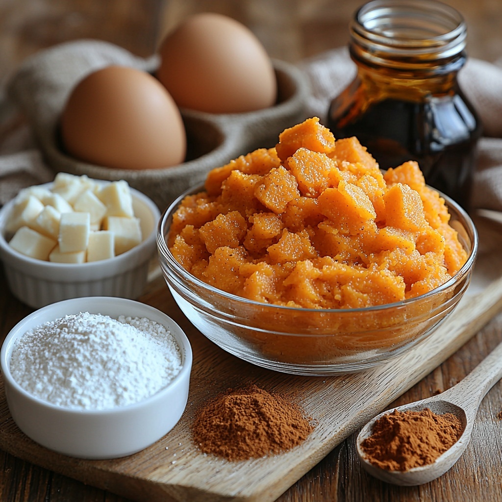 Pumpkin puree in a small glass bowl with a vibrant orange color and smooth texture, next to a block of softened cream cheese on a wooden board showing its creamy off-white surface; two large brown eggs with smooth shells placed nearby; small white ceramic bowls containing brown sugar with a rich, moist texture and granulated sugar with fine crystals; a neat pile of all-purpose flour with a soft, powdery white appearance; a small heap of pumpkin pie spice mix in warm brown and orange tones; a teaspoon of baking soda as fine off-white powder on a ceramic spoon; a small amount of salt crystals in a tiny dish; a clear glass cup holding golden vegetable oil catching the light; a small bottle of vanilla extract with dark amber liquid visible; the ingredients artfully arranged on a clean white surface with natural daylight creating soft shadows, emphasizing the textures and colors, styled with rustic linen napkins and a wooden spoon nearby, minimalist and warm composition, overhead shot, top down view, flat lay photography, professional food styling --ar 1:1 --q 2 --s 750 --v 6.1