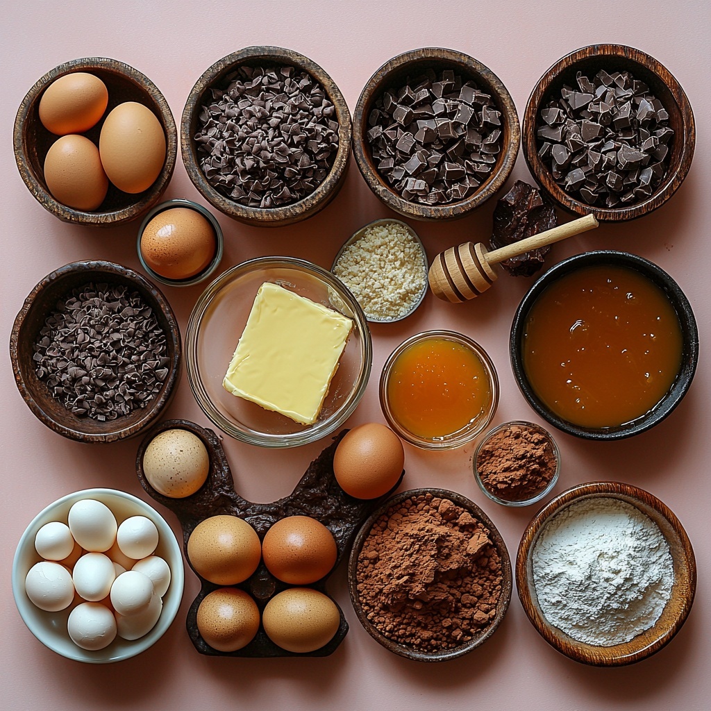 A clean, bright surface with all main ingredients for caramel brownies arranged neatly in an artistic flat lay: a glass bowl of rich, glossy unsalted butter softened to a creamy yellow; two small rustic ceramic bowls—one filled with fine white granulated sugar and the other with moist, deep amber packed brown sugar; four large fresh eggs with smooth shells grouped together; a small glass jar of golden vanilla extract with a wooden honey dipper beside it; a fine-meshed sieve containing dark, velvety unsweetened cocoa powder; a white ceramic bowl of soft, powdery all-purpose flour; a miniature bowl holding pale baking powder and another tiny dish with coarse salt crystals; a clear glass container overflowing with thick, shiny caramel sauce, its luscious texture catching the light; all ingredients spaced evenly with subtle shadows, natural soft lighting highlighting warm earthy tones and rich contrasts, minimalistic styling with a hint of rustic charm, clean edges and natural textures emphasized for an inviting, appetizing atmosphere — overhead shot, top down view, flat lay photography, professional food styling --ar 1:1 --q 2 --s 750 --v 6.1