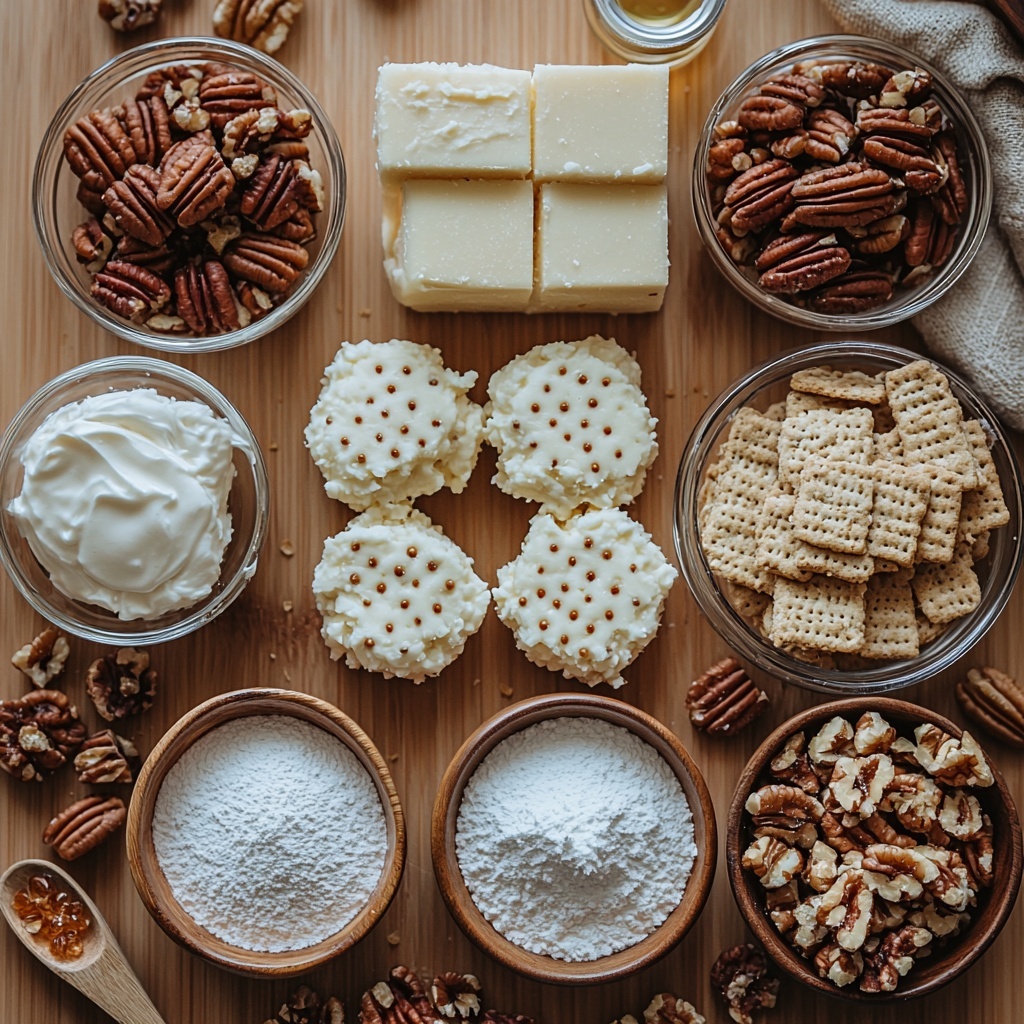 A flat lay of the main ingredients for Old Fashioned Bourbon Balls arranged neatly on a clean, light wood surface. Small bowls containing golden-brown fine graham cracker crumbs and coarsely chopped pecan crumbs with warm, nutty textures. A smooth block of creamy white cream cheese alongside a small heap of bright white powdered sugar dusted gently nearby. A delicate glass container holding amber-colored flavored tea leaves, capturing fine textures and subtle sheen. A small glass dish with translucent, light beige vanilla extract. Scattered whole pecans and a few graham cracker pieces add natural rustic detail. Soft, natural lighting highlighting warm earthy tones and contrasting creamy whites, styled with minimal props such as a wooden spoon and a piece of plain parchment paper. Overhead shot, top down view, flat lay photography, professional food styling --ar 1:1 --q 2 --s 750 --v 6.1