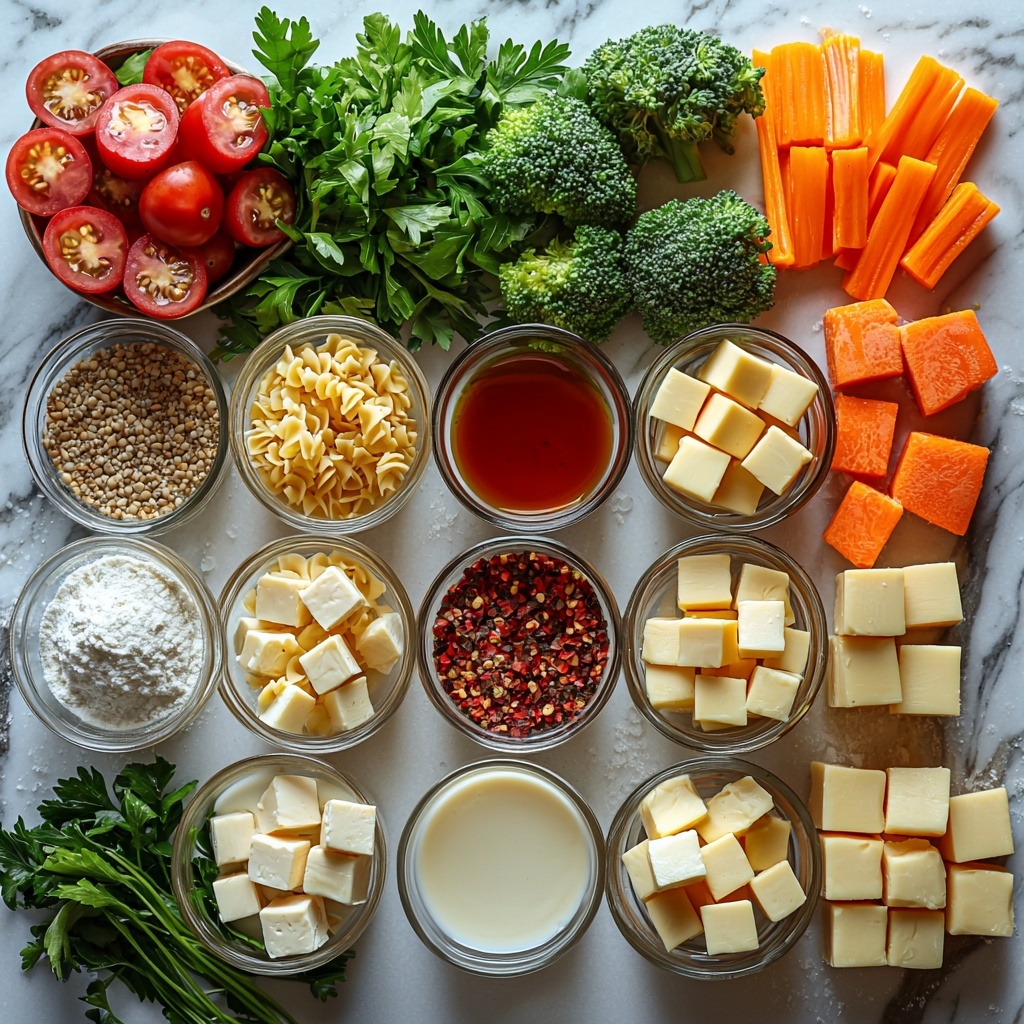 A bright, clean flat lay of fresh and vibrant ingredients for Pasta Primavera arranged artfully on a white marble surface. Include small bowls with golden chicken broth and creamy half and half, a halved chicken bouillon cube beside teaspoon scoops of soy sauce and hot sauce. Scattered dried herbs—parsley, basil, oregano, mustard powder—displayed thoughtfully with a small pinch of red pepper flakes in a tiny spoon. A drizzle of rich olive oil pooled in a glass dish. Fresh, colorful vegetables arranged in neat piles: bright green broccoli florets, vivid orange julienned carrots, thinly sliced red onions, glossy red bell pepper strips, chunky green zucchini pieces, scattered frozen peas with frosty texture, and halved juicy cherry tomatoes showing red interiors. A mound of pale-yellow butter cubes next to minced garlic cloves. A small bowl of white flour beside a pile of finely grated parmesan cheese with soft texture. Dry uncooked ziti pasta arranged in a loose bundle. A lemon cut in halves and slices with visible juicy flesh. Salt and pepper grinders placed subtly at edges. The colors pop with fresh greens, reds, and yellows contrasting against the clean background. Textures range from smooth liquids to rough herbs and crunchy vegetables, styled with gentle natural light casting soft shadows to enhance the freshness and detail. Overhead shot, top down view, flat lay photography, professional food styling --ar 1:1 --q 2 --s 750 --v 6.1