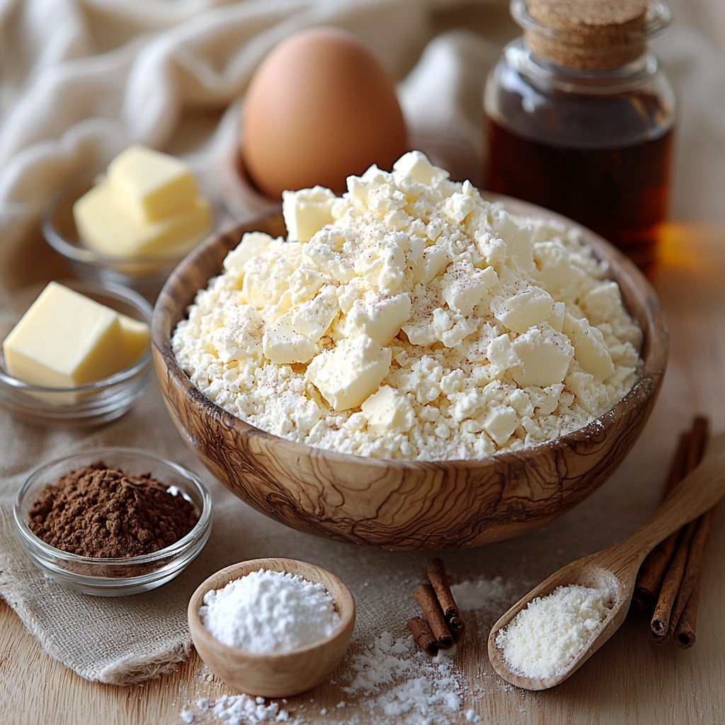 all-purpose flour in a small white ceramic bowl, fine white powder texture; half teaspoon of baking powder and quarter teaspoon of salt in tiny glass ramekins nearby; half cup unsalted butter, softened, creamy pale yellow block on a wooden butter dish with a butter knife; half cup granulated sugar and quarter cup packed brown sugar in two small clear glass bowls, sparkling crystals and rich caramel tones; one large brown egg with smooth shell resting on a linen napkin; small clear glass bowl with cream cheese, softened and smooth, next to a small dish of granulated sugar; teaspoon-sized heap of ground cinnamon showing warm rusty brown powder in a delicate porcelain spoon; a bottle of vanilla extract with rich amber liquid and a cork stopper; all ingredients neatly spaced on a clean light wood or marble surface, natural soft daylight casting gentle shadows, minimalistic styling with a touch of rustic charm, a thin linen cloth folded at one corner, subtle hints of cinnamon sticks and a small whisk for texture contrast, overhead shot, top down view, flat lay photography, professional food styling --ar 1:1 --q 2 --s 750 --v 6.1