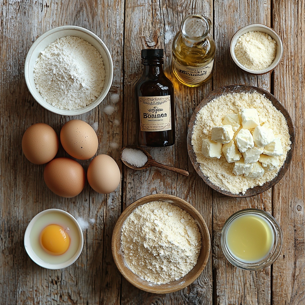 A clean, light wooden surface with ingredients for beignets arranged neatly: a small glass bowl of warm water with steam rising subtly, a small pile of fine white granulated sugar beside a measuring spoon, two smooth brown eggs resting on a white ceramic dish, a glass measuring cup filled with creamy whole milk, a small glass bottle of vanilla extract with a delicate label, a large mound of soft, powdery all-purpose flour dusted lightly around its base, a small white bowl with golden melted butter shimmering under soft light, a small metal container holding fine active dry yeast powder, a rustic white ceramic bowl filled with bright white powdered sugar, and a clear glass bowl of light golden vegetable oil reflecting light gently. The ingredients are spaced evenly in a balanced composition, with natural light casting soft shadows and highlighting the varied textures—from fine powders and smooth liquids to glossy melted butter and matte flour. Minimalistic props in neutral tones enhance the fresh, inviting feel. overhead shot, top down view, flat lay photography, professional food styling --ar 1:1 --q 2 --s 750 --v 6.1