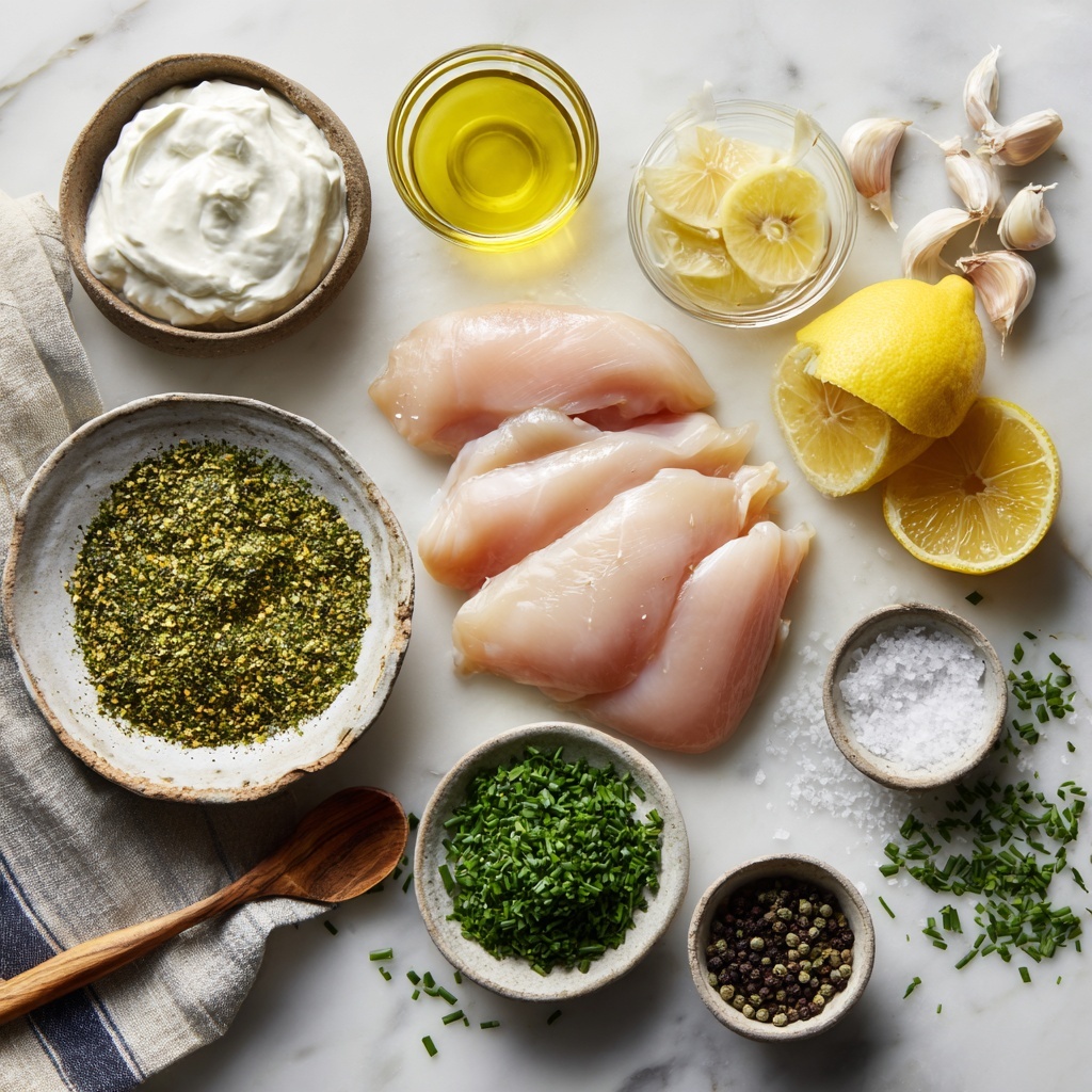 Za’atar chicken ingredients artfully arranged on a clean white marble surface: four raw chicken breasts sliced into even portions, a small rustic bowl of vibrant green za’atar spice, fresh bright yellow lemon wedges and a small glass bowl with lemon juice, three garlic cloves finely minced and scattered with some whole cloves nearby, a delicate pile of finely chopped fresh green chives and parsley, a small white ramekin filled with creamy thick white Greek yogurt, tiny piles of coarse kosher salt and cracked black peppercorns in shallow bowls, a drizzle of golden olive oil in a clear dish. The textures contrast beautifully — the smooth chicken, crumbly za’atar, glossy lemon juice, fluffy yogurt, and fresh herbs. Soft natural daylight with gentle shadows for depth, minimalistic modern styling with rustic wooden spoons and linen napkins partially visible, emphasizing freshness and earthiness. Overhead shot, top down view, flat lay photography, professional food styling --ar 1:1 --q 2 --s 750 --v 6.1