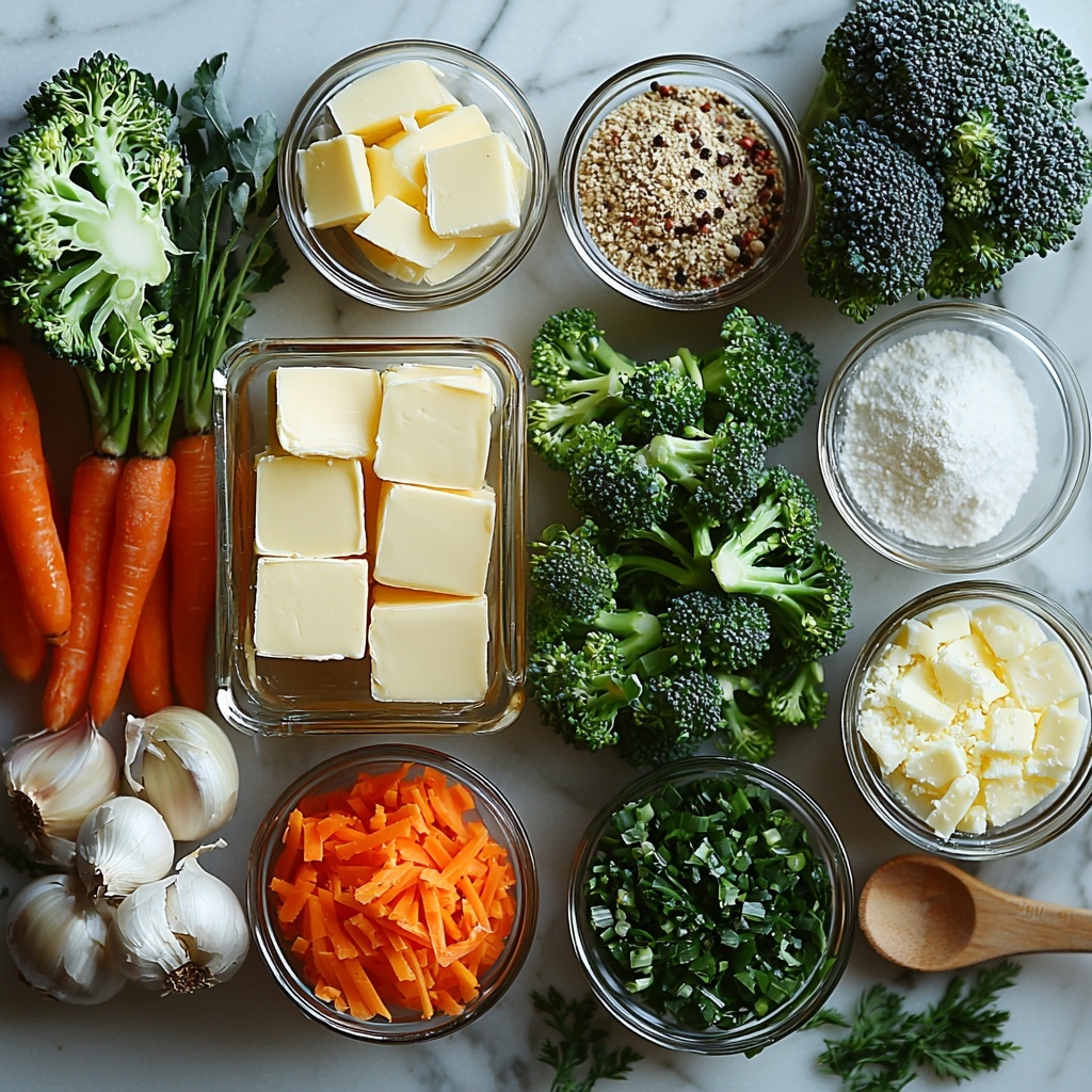 a clean white marble surface neatly arranged with the main ingredients for smoked gouda broccoli soup: a small square glass bowl with golden unsalted butter, a medium clear bowl filled with diced translucent onion pieces, two plump garlic cloves peeled and lightly crushed, a small heap of fine pale beige all-purpose flour on a wooden spoon, a measuring cup of rich golden vegetable broth, a glass jug of creamy whole milk, small white bowls containing fine salt, vibrant red paprika powder, and cracked black peppercorns, a large fresh bright green broccoli head on one side chopped into small florets showing textured buds, a fresh orange carrot artfully grated with bright orange shreds scattered gently, and a rustic chunk of smoked gouda cheese with a wedge freshly grated showing the pale yellow, creamy texture. The ingredients are spaced evenly with soft natural lighting creating gentle shadows, highlighting the fresh colors and diverse textures, styled with minimal props to maintain focus, overhead shot, top down view, flat lay photography, professional food styling --ar 1:1 --q 2 --s 750 --v 6.1