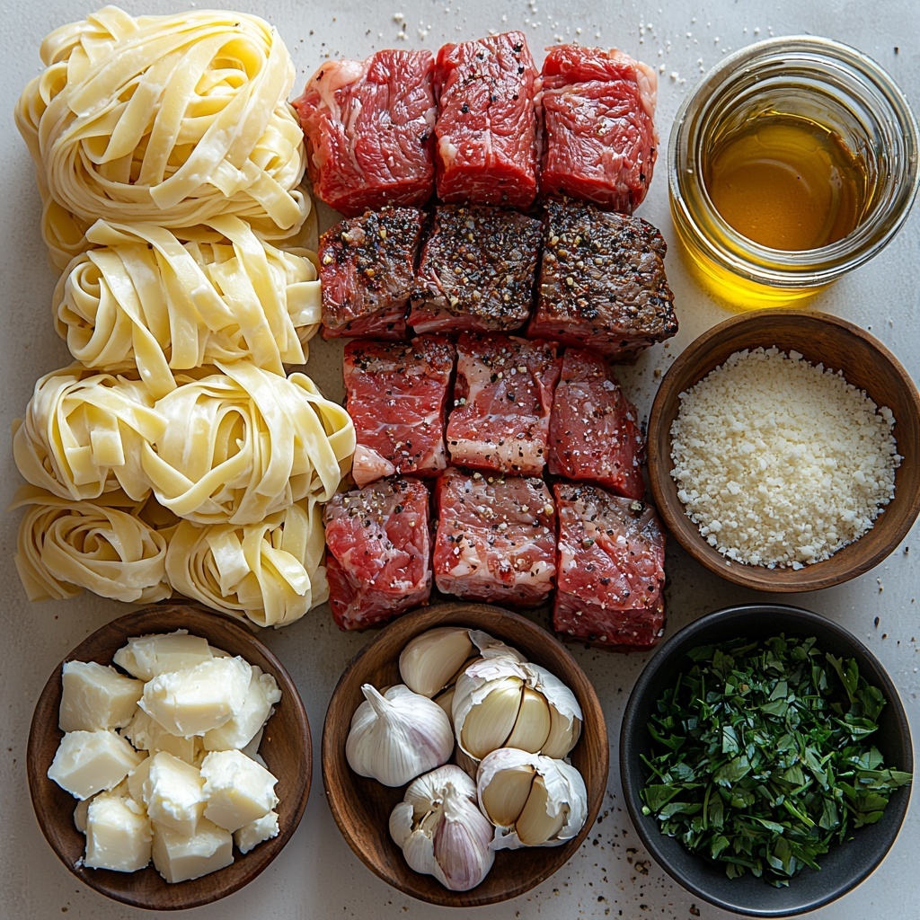 A clean, bright white surface with all the main ingredients of Blackened Steak Shrimp Alfredo artfully arranged for a flat lay composition: uncooked fettuccine pasta in a neat nest showing its pale yellow strands, raw shrimp peeled and deveined displaying their translucent pinkish-white flesh, strips of raw steak with rich red and marbled textures, small rustic bowls containing deep reddish-brown blackening seasoning and coarse salt and pepper, a sleek glass jar of golden olive oil catching the light, a small ceramic bowl of creamy white heavy cream, a mound of finely grated Parmesan cheese with its snowy texture, two garlic cloves peeled and minced with delicate pieces scattered nearby, and a handful of fresh bright green chopped parsley adding a pop of color. The ingredients are spaced evenly with natural shadows, showcasing contrasting textures from smooth cream to rough cheese and raw meat, styled with minimal props like a wooden spoon and linen napkin for warmth. Overhead shot, top down view, flat lay photography, professional food styling --ar 1:1 --q 2 --s 750 --v 6.1