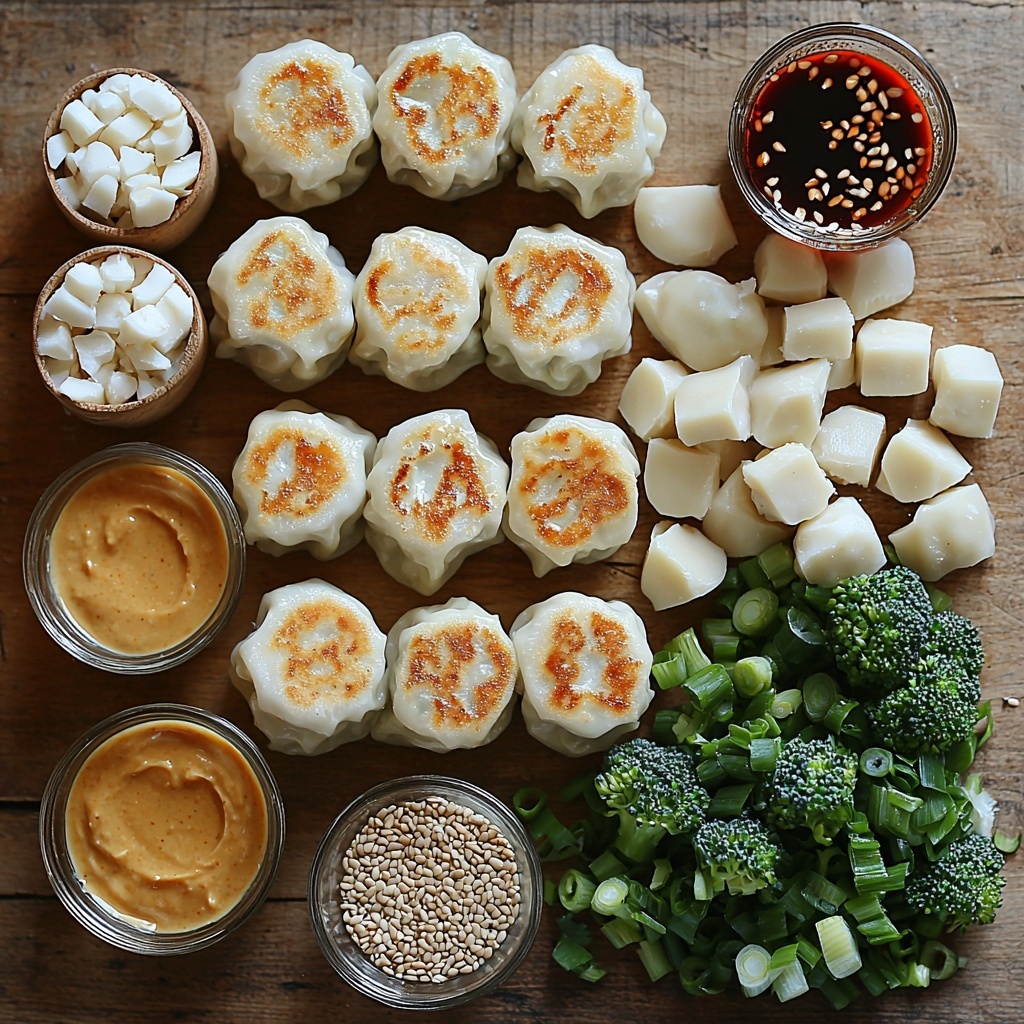 Raw ingredients for oven-baked dumplings with peanut sauce beautifully arranged on a clean, light wooden surface. Include 14–20 frozen dumplings stacked neatly in a small pile, smooth and slightly frosted; creamy peanut butter in a small glass bowl, rich tan and glossy; a shallow dish with a dark soy sauce pool, shiny and reflective; minced garlic cloves loosely piled, bright white and finely textured; 2 cups vibrant green broccoli florets trimmed into bite-sized pieces with crisp texture; sliced green onions with fresh bright green and white rings scattered artfully; a small bunch of chopped fresh cilantro leaves, deep green and delicate; sesame seeds sprinkled in a tiny ceramic bowl, creamy white and slightly shiny; a small jar or spoon of chili crisp with deep red and golden oil glistening; and a measuring cup with amber-colored broth or water. All elements spaced evenly with negative space for visual balance, natural lighting highlighting textures and freshness, subtle shadows for depth. Clean, minimalistic styling emphasizing the natural colors and shapes of ingredients. Overhead shot, top down view, flat lay photography, professional food styling --ar 1:1 --q 2 --s 750 --v 6.1