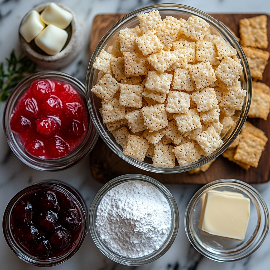 4 cups of Rice Chex cereal in a glass bowl showcasing the light, crisp, textured squares; 1 cup of glossy white chocolate chips scattered neatly on a small white ceramic dish; 1/2 cup of vibrant red cherry pie filling in a clear glass ramekin, glistening with juicy cherries; 1 cup of fine, snowy powdered sugar in a small porcelain bowl, dusted lightly around the edges; 1/2 cup of golden-brown graham cracker crumbs presented on a rustic wooden plate, revealing the crumbly texture; 1/4 cup of melted butter in a small clear measuring cup, with a smooth, glossy surface. All ingredients arranged orderly on a clean, bright white marble surface with soft natural light highlighting contrasting colors and textures. Accents of light shadows create depth, with minimalistic styling emphasizing freshness and simplicity. Overhead shot, top down view, flat lay photography, professional food styling --ar 1:1 --q 2 --s 750 --v 6.1