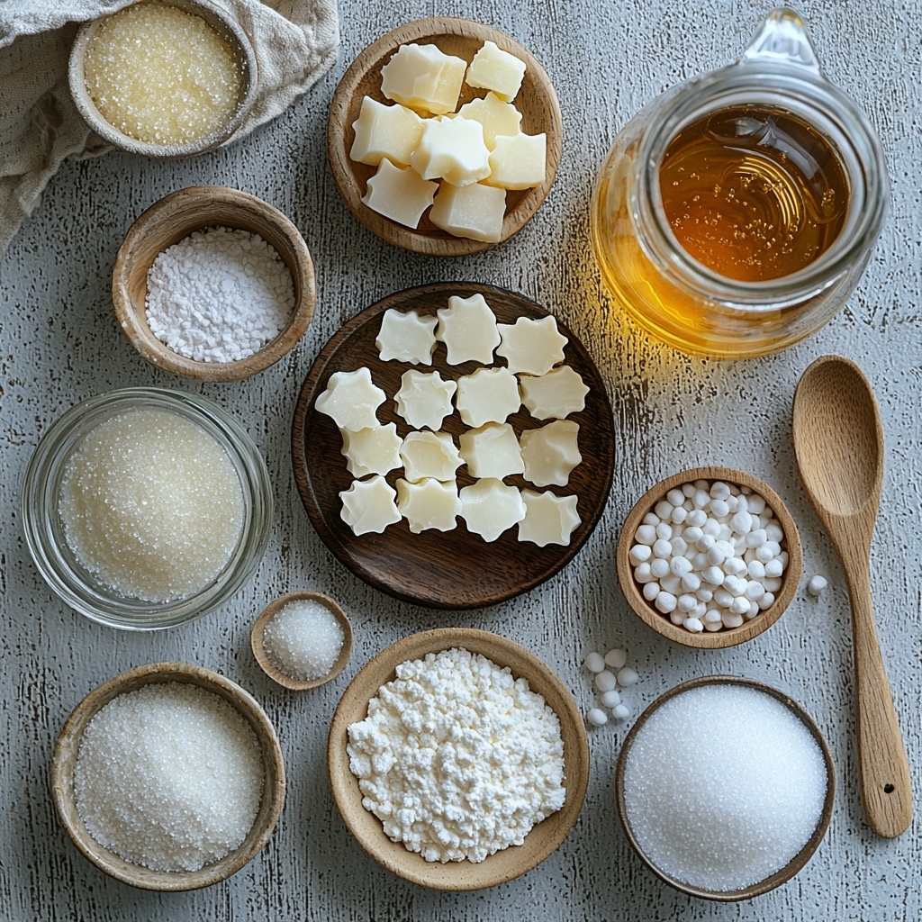 nonstick spray bottle, small glass bowl of white powdered sugar, another small bowl with white cornstarch, three sealed packets of unflavored gelatin in white and cream packaging, clear glass measuring cup with cold water, wooden spoon beside it, granulated sugar in a clear glass jar showing fine white crystals, light golden corn syrup in a small glass pitcher with smooth glossy texture, small pinch bowl with pale pink salt, small glass bowl of translucent vanilla extract, all ingredients neatly spaced on a clean matte white surface, soft natural lighting highlighting textures and subtle shadows, minimalistic styling with neutral linen napkin folded on one side, gentle reflections on glass containers, emphasis on purity and simplicity, crisp focus capturing fine granules and liquid viscosity, overhead shot, top down view, flat lay photography, professional food styling --ar 1:1 --q 2 --s 750 --v 6.1
