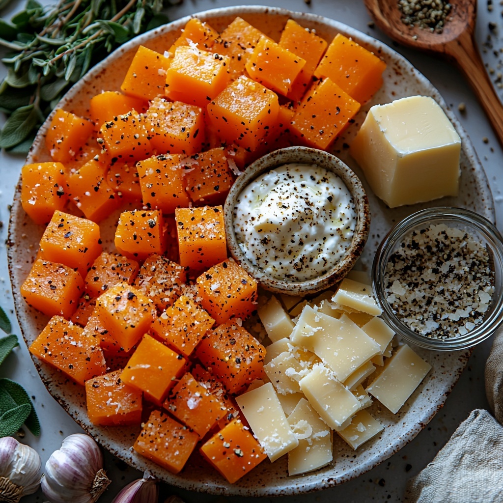 butternut squash cubes in a small rustic bowl showing vibrant orange color and smooth texture, several whole garlic cloves scattered loosely with papery white skins, fresh thyme sprigs and chopped fresh rosemary leaves arranged neatly on a white ceramic plate, small dish of crushed red pepper flakes with deep red flakes, coarse kosher salt crystals and fresh cracked black peppercorns in tiny glass bowls, 8 slices of thin prosciutto folded softly showcasing delicate pink hues and marbling, creamy dollop of ricotta cheese in a small white ramekin with fluffy texture, uncooked long or short cut pasta arranged in a fan shape with pale golden strands, chunk of salted butter wrapped partially in parchment paper revealing soft yellow color, fresh chopped sage leaves in a small wooden bowl with deep green coloration, small bowl of shredded gouda cheese with pale yellow curls, grated parmesan cheese piled neatly on a small plate with pale ivory color, all ingredients carefully and symmetrically placed on a clean, bright white matte surface with soft natural light emphasizing textures and colors, minimal shadows, subtle props like a wooden spoon and linen napkin in neutral tones at the edges for warmth, overhead shot, top down view, flat lay photography, professional food styling --ar 1:1 --q 2 --s 750 --v 6.1
