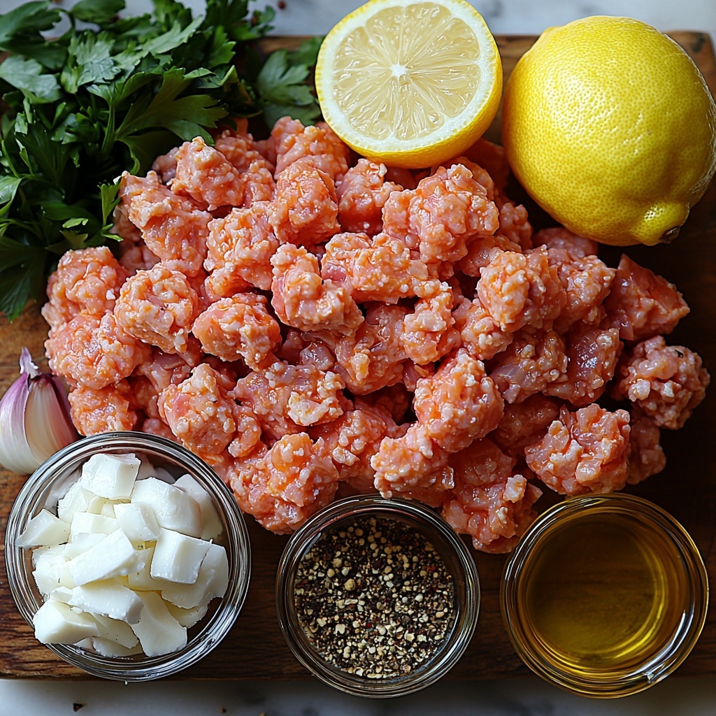 500 grams raw ground chicken in a small glass bowl showing its pale pink texture, one medium onion finely chopped with white and purple tones scattered nearby, three garlic cloves whole and minced on a wooden board with their papery skins, a small heap of bright green freshly chopped parsley leaves on a white ceramic dish, teaspoons of warm brown ground cumin and coriander spices neatly arranged in small white porcelain spoons, a salt cellar with coarse white salt crystals, a small bowl of ground black pepper with dark specks, a small glass bowl of golden olive oil with a slight sheen, a bowl of creamy plain yogurt with a smooth white surface, a halved lemon displaying vibrant yellow flesh beside a small dish of freshly squeezed lemon juice, all ingredients thoughtfully spaced on a clean light marble surface providing subtle texture and brightness, soft natural lighting enhancing the varied textures and vivid colors, minimalistic styling with delicate shadows, rustic and fresh aesthetic, simple linen napkin folded nearby to add warmth, overhead shot, top down view, flat lay photography, professional food styling --ar 1:1 --q 2 --s 750 --v 6.1