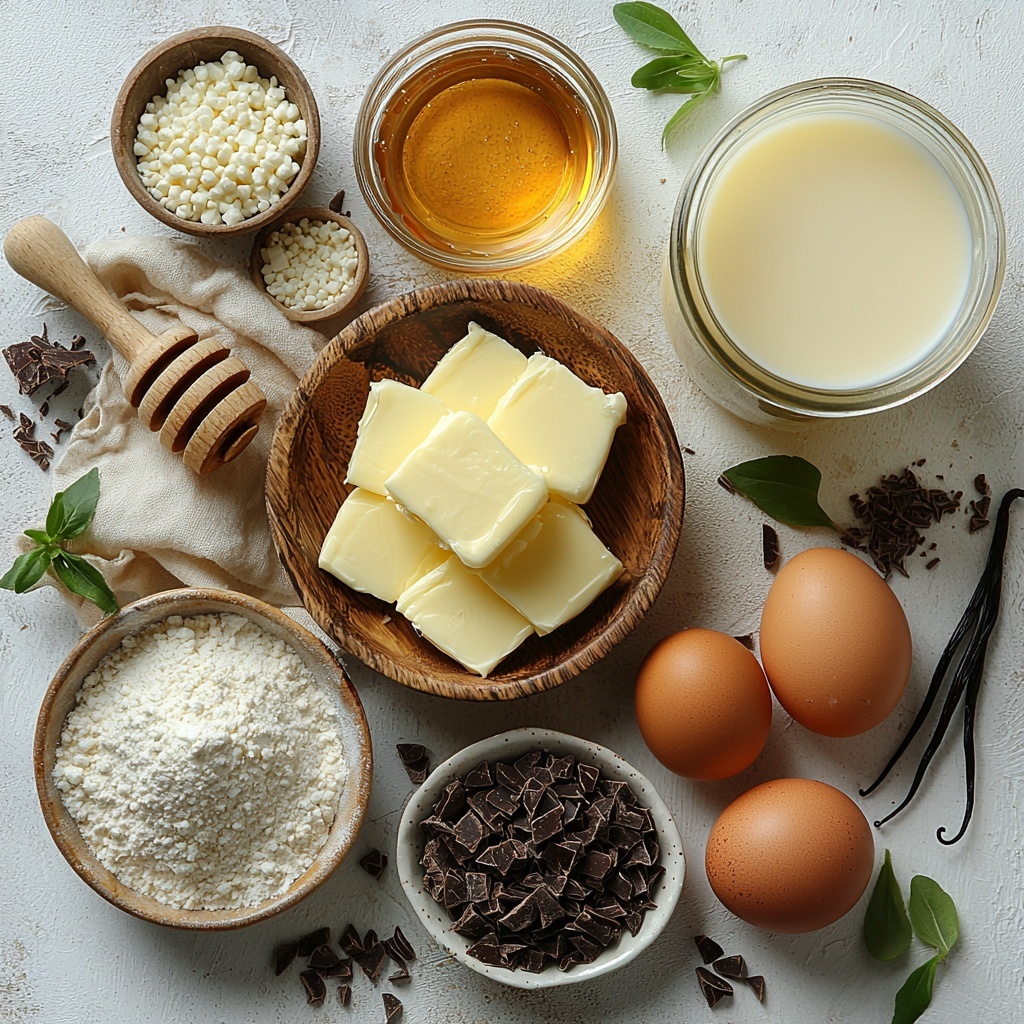 whole milk in a small clear glass measuring cup showing creamy white liquid, soft unsalted butter in a rustic ceramic bowl with a smooth pale yellow texture, golden honey in a small glass jar with visible amber glow and a honey dipper beside it, a vanilla bean pod split open revealing tiny black seeds scattered nearby on a clean white surface, two large brown eggs with matte shells arranged side by side, a small white bowl of granulated sugar with sparkling fine white grains, all-purpose flour in a natural linen pouch spilling soft white powder onto the surface, a small heap of instant dry yeast granules with a sandy texture, pinch of fine salt crystals in a tiny white dish, light brown sugar packed loosely in a wooden bowl showing rich caramel color and coarse texture, a small jug of 2% milk with delicate creamy tone, unsalted butter at room temperature on a wooden butter knife with soft creamy spread consistency, semisweet chocolate finely chopped into small irregular pieces scattered artistically on parchment paper, all ingredients thoughtfully spaced and arranged on a bright clean white countertop with soft natural daylight casting gentle shadows, neutral linen napkin folded casually to one side, few sprigs of fresh green herbs for subtle color contrast, overhead shot, top down view, flat lay photography, professional food styling --ar 1:1 --q 2 --s 750 --v 6.1