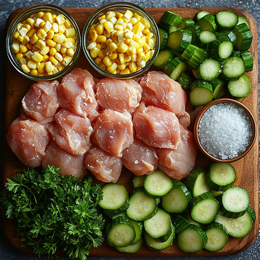 4 boneless, skinless chicken breasts raw and plump with smooth pale pink skin, 4 tablespoons of golden melted garlic butter in a small glass bowl, 2 medium zucchinis sliced into thin green rounds with bright white interiors, 1 cup of vibrant yellow corn kernels scattered loosely, small piles of coarse salt and cracked black pepper scattered artfully, fresh bright green parsley sprigs with delicate, textured leaves placed for garnish, all ingredients arranged neatly and spaced evenly on a clean white matte surface, soft natural lighting highlighting the fresh colors and textures, gentle shadows adding depth, minimalistic styling with focus on freshness and simplicity, overhead shot, top down view, flat lay photography, professional food styling --ar 1:1 --q 2 --s 750 --v 6.1