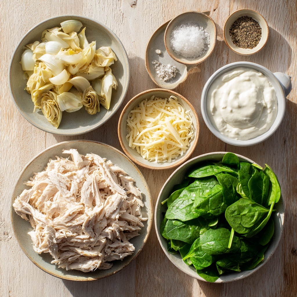 2 large cooked and shredded boneless skinless chicken breasts, tender white meat with fibrous texture, fresh vibrant green baby spinach leaves arranged loosely in a small pile, a small bowl of chopped pale yellow artichoke hearts with soft texture, a dollop of creamy white non-fat Greek yogurt in a ceramic ramekin, a small portion of smooth light cream cheese softened and slightly glossy, a pile of shredded mozzarella cheese with soft, stringy texture and off-white color, a small heap of finely grated pale yellow Parmesan cheese, two cloves of garlic minced finely with tiny white pieces, small bowls containing fine grains of salt and coarse ground black pepper, all ingredients carefully spaced out on a clean, light wood surface that adds warmth and contrast, natural soft lighting highlighting textures and colors, subtle shadows for depth, minimal props to keep focus on ingredients, muted rustic style plateware, overhead shot, top down view, flat lay photography, professional food styling --ar 1:1 --q 2 --s 750 --v 6.1