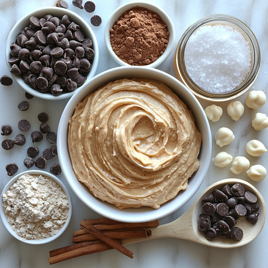 A clean white surface neatly arranged with main ingredients for protein balls: a smooth, creamy swirl of golden peanut butter in a small glass bowl; a heap of pale beige almond flour in a rustic ceramic dish; a pile of fine, off-white protein powder on a wooden spoon; glossy, amber maple syrup pooled delicately in a clear glass jar; a small white ramekin filled with tiny, shiny dark chocolate mini chips; scattered warm brown ground cinnamon and bright white sea salt crystals on the surface; a tiny glass bowl holding clear vanilla extract. Natural daylight softly illuminating the scene, casting gentle shadows to highlight textures—creamy, powdery, crunchy—styled with minimalistic props like a linen napkin and wooden utensils. Colors are warm and inviting with creamy beige, rich browns, and subtle gold tones. Overhead shot, top down view, flat lay photography, professional food styling --ar 1:1 --q 2 --s 750 --v 6.1