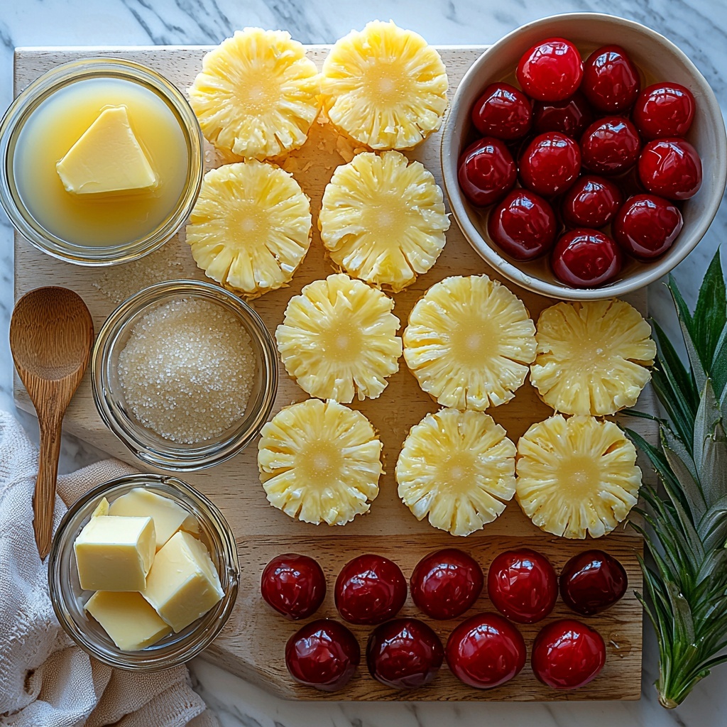 Pineapple rings, maraschino cherries, unsalted butter cubes, light or dark brown sugar in a small bowl, yellow cake mix box, three large eggs, a glass measuring cup with neutral oil, a small bowl with reserved pineapple juice, and a small cup of water or milk, all arranged neatly on a clean white marble surface. The pineapple rings are slightly glossy with visible texture, the cherries vibrant red and shiny, butter is pale yellow and slightly soft, brown sugar has a coarse crystalline texture, the cake mix box shows bright yellow and warm tones, eggs are smooth with a warm beige color. The glass containers reflect natural light softly, creating subtle highlights. Each ingredient spaced thoughtfully with natural shadows for depth and contrast. Styling includes a small wooden spoon resting by the brown sugar, a linen napkin folded gently on one side, and a sprig of fresh mint for a pop of green. The overall composition is bright, fresh, and inviting, emphasizing natural colors and textures in a balanced and clean way. Overhead shot, top down view, flat lay photography, professional food styling --ar 1:1 --q 2 --s 750 --v 6.1