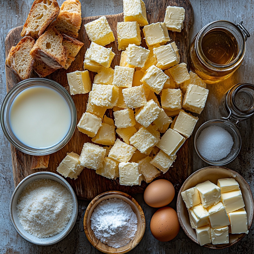 Bread cubes of brioche and challah, golden and slightly toasted, arranged in a rustic pile; glass measuring cups filled with whole milk and heavy cream, creamy white with smooth reflective surfaces; small white bowls containing granulated sugar and light brown sugar, showcasing fine grains and rich caramel hues; a pat of unsalted butter, pale yellow and slightly softened, resting on a small wooden board; cinnamon powder in a delicate ceramic bowl, warm brown with fine texture; raw large eggs with glossy light brown shells placed neatly near a carton; a small dish of cornstarch, pure white and powdery; a glass bottle of vanilla extract with amber liquid, condensation on the glass; a tiny bowl of fine salt crystals; all items meticulously spaced on a bright clean white surface, soft natural light casting gentle shadows, minimalistic and elegant styling, focus on textures and contrasting colors, overhead shot, top down view, flat lay photography, professional food styling --ar 1:1 --q 2 --s 750 --v 6.1